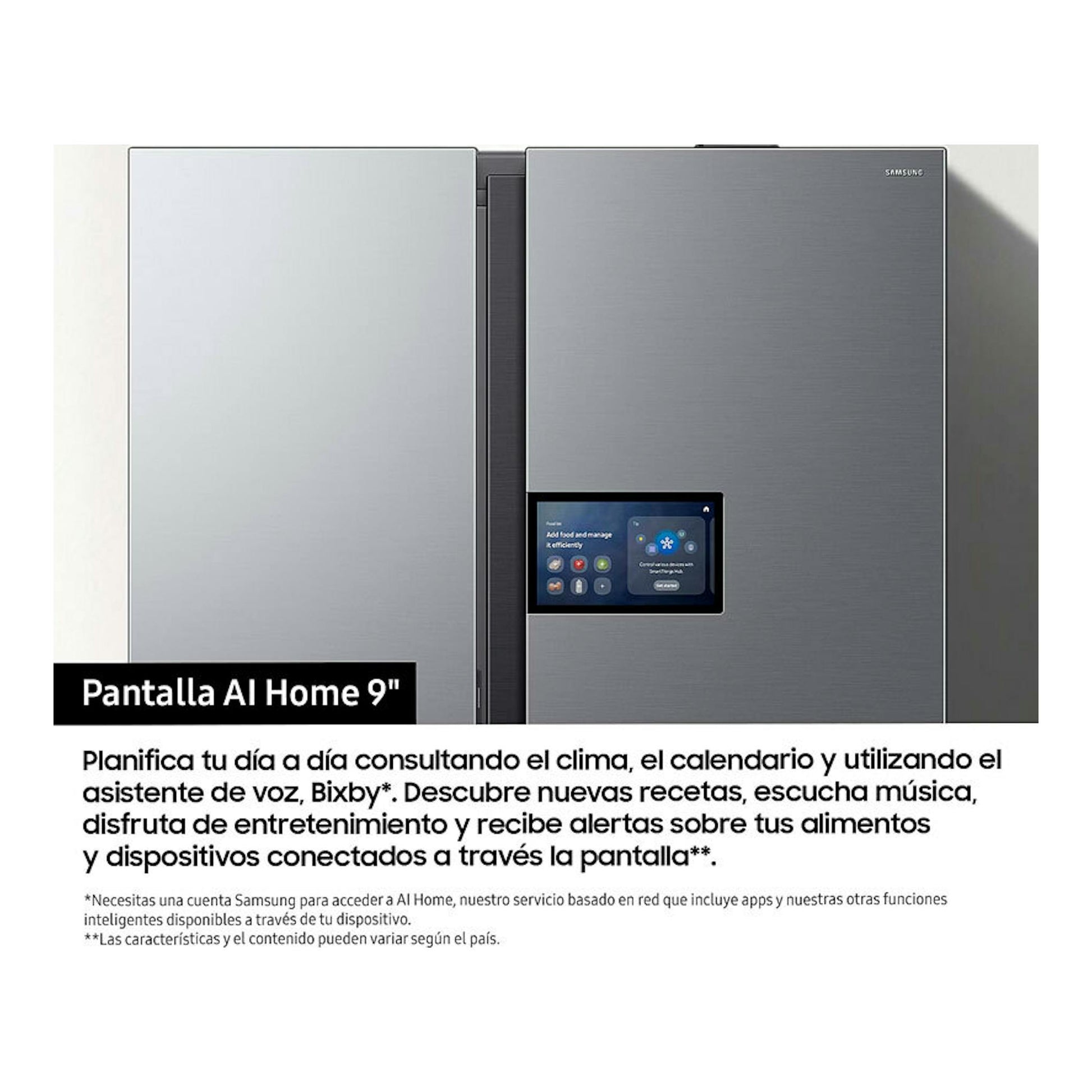 Frigorífico americano Samsung RS90F64EETEF inox, vista frontal, con pantalla táctil en la puerta derecha.
