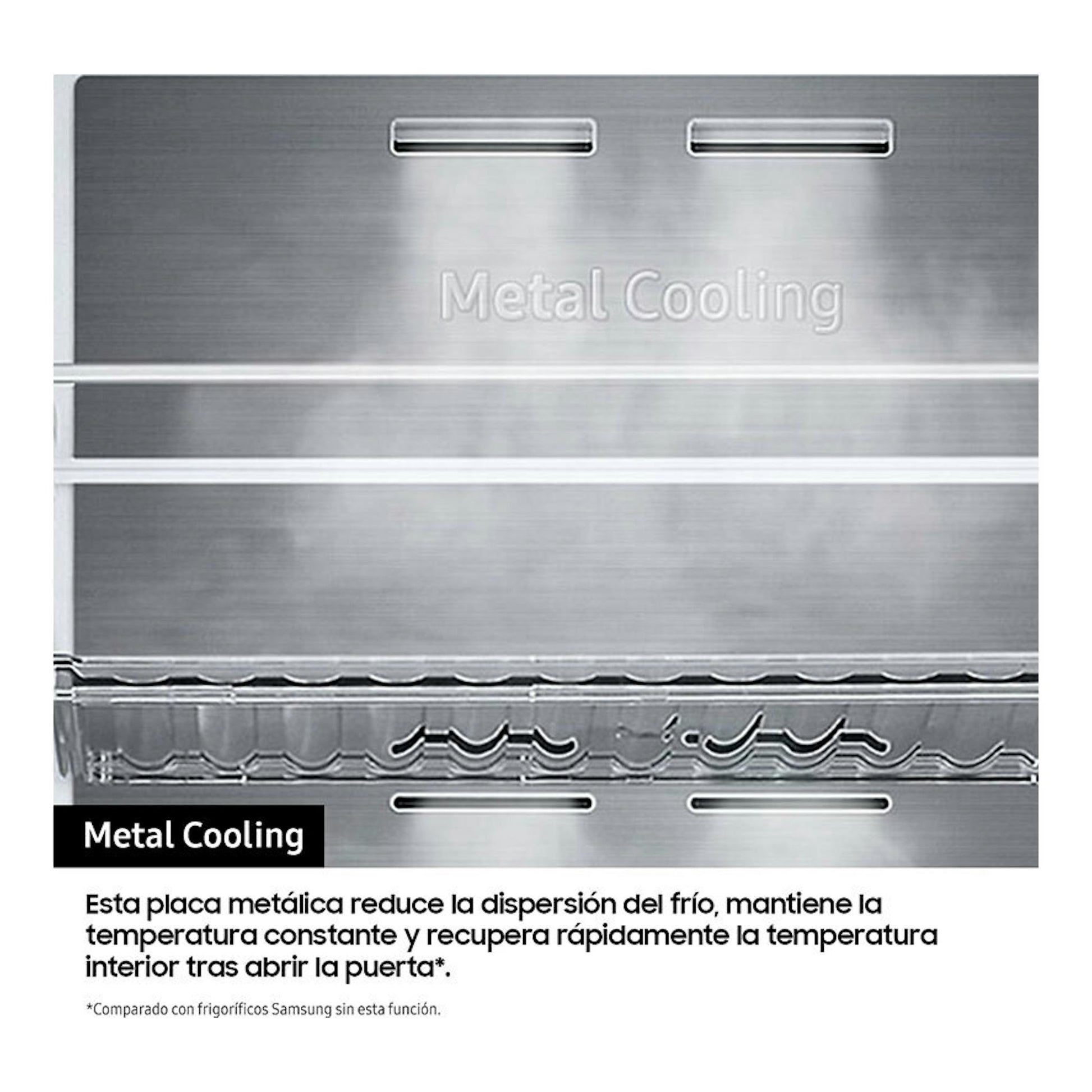 Samsung RS90F64EETEF, primer plano frontal de panel inox con texto “Metal Cooling” en un frigorífico americano.