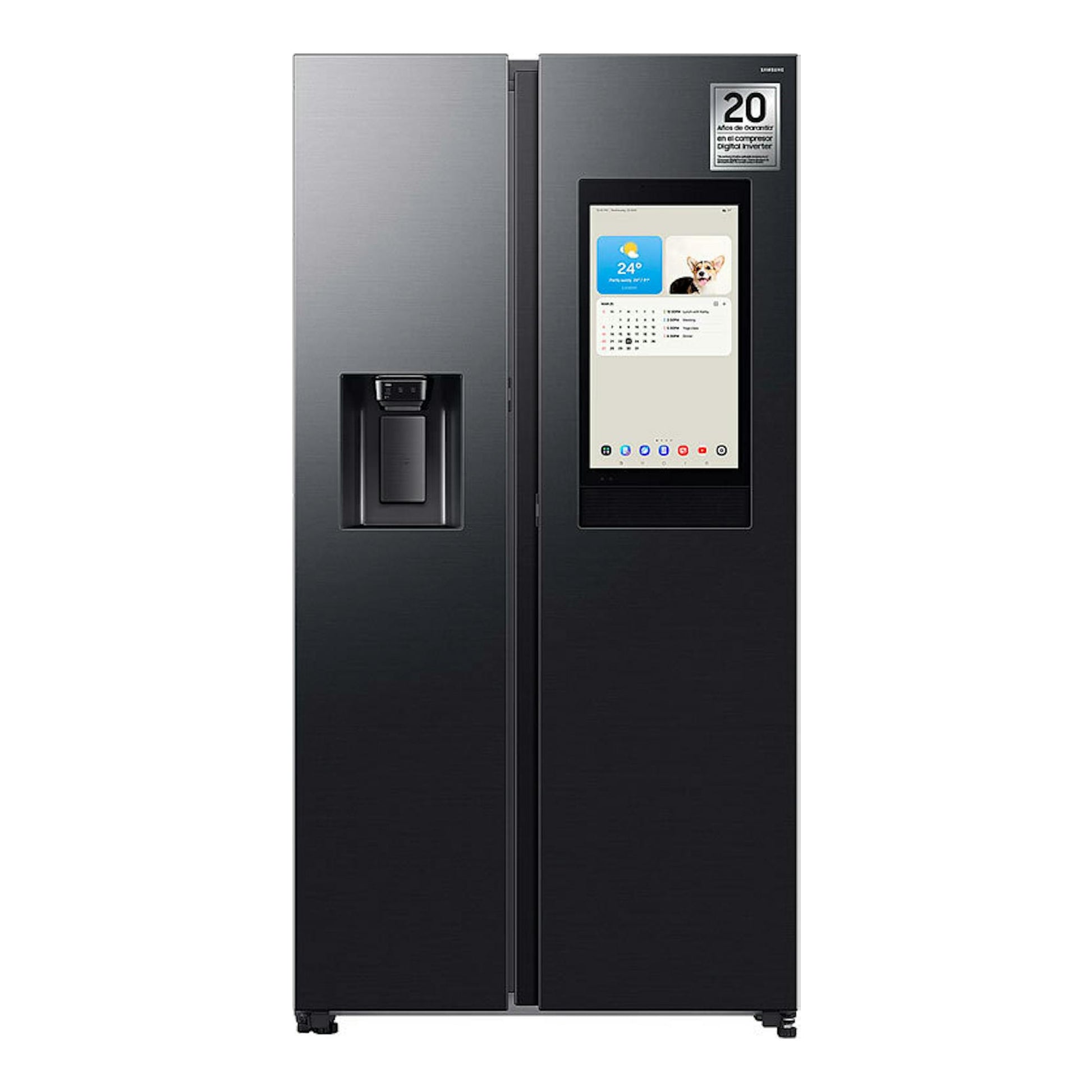 Frigorífico americano Samsung RS90F66BEFEF grafito, vista frontal, con dispensador y pantalla táctil.