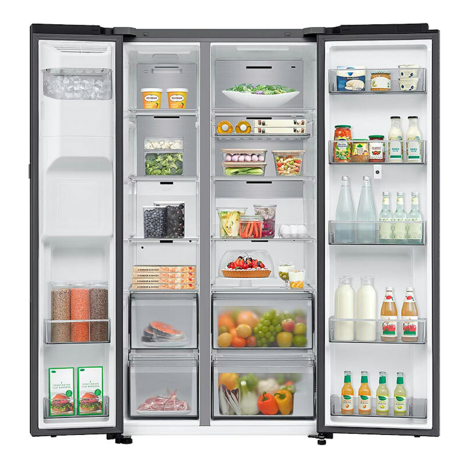 Frigorífico americano Samsung RS90F66BEFEF grafito, vista frontal con puertas abiertas y estantes visibles.
