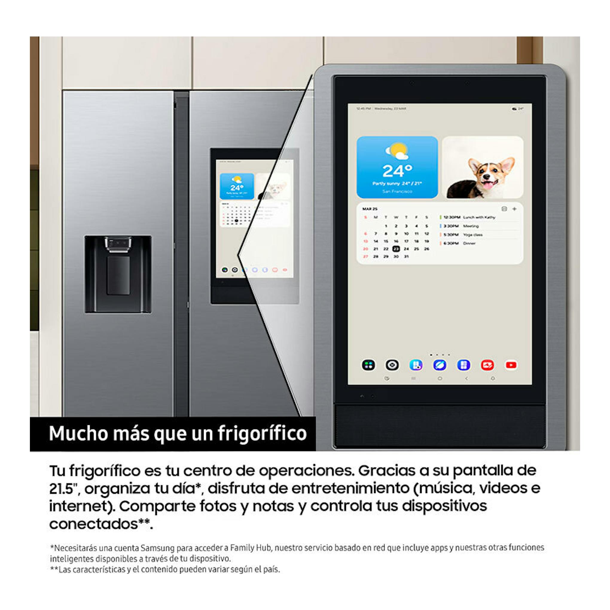 Frigorífico americano Samsung RS90F66BEFEF grafito, vista frontal, con dispensador y pantalla táctil integrada.