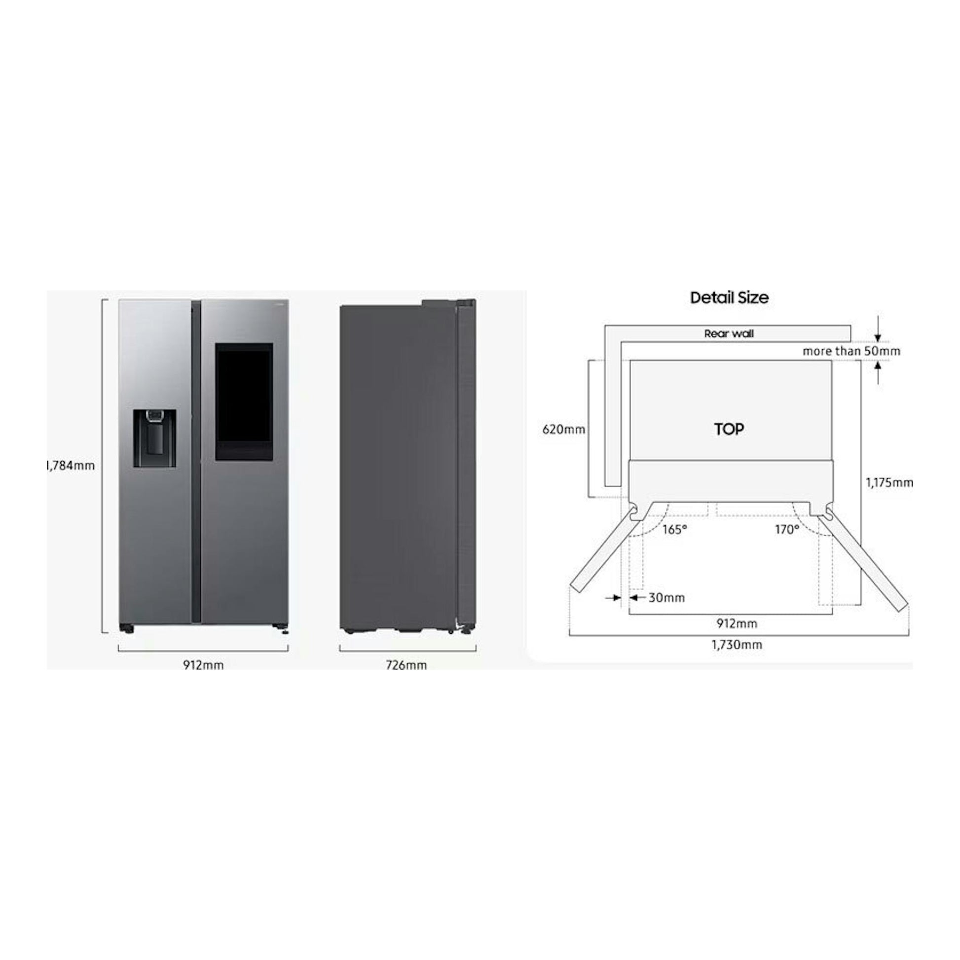 Samsung RS90F66BETEF frigorífico americano inox, vistas frontal y lateral con esquema de medidas.