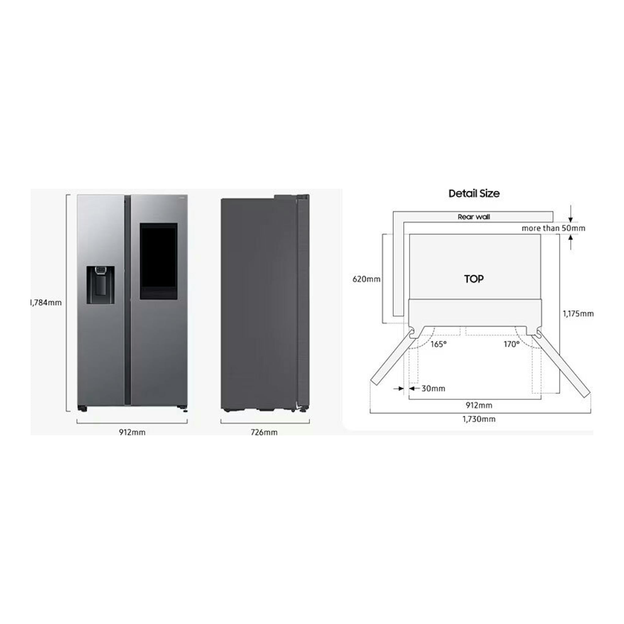 Samsung RS90F66BETEF frigorífico americano inox, vistas frontal y lateral con esquema de medidas.