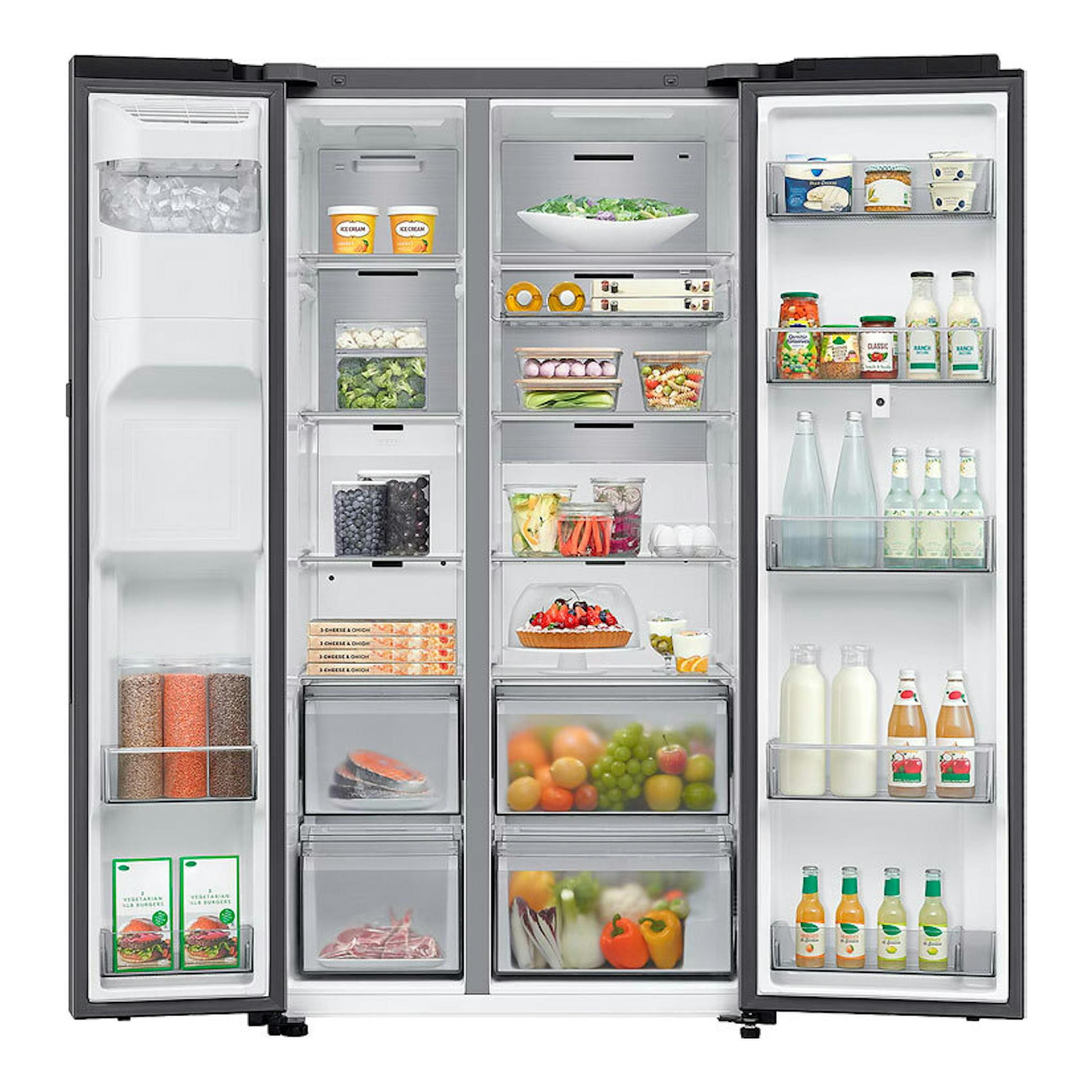 Frigorífico americano Samsung RS90F66BETEF inox, visto de frente y abierto, con compartimentos y baldas llenas.