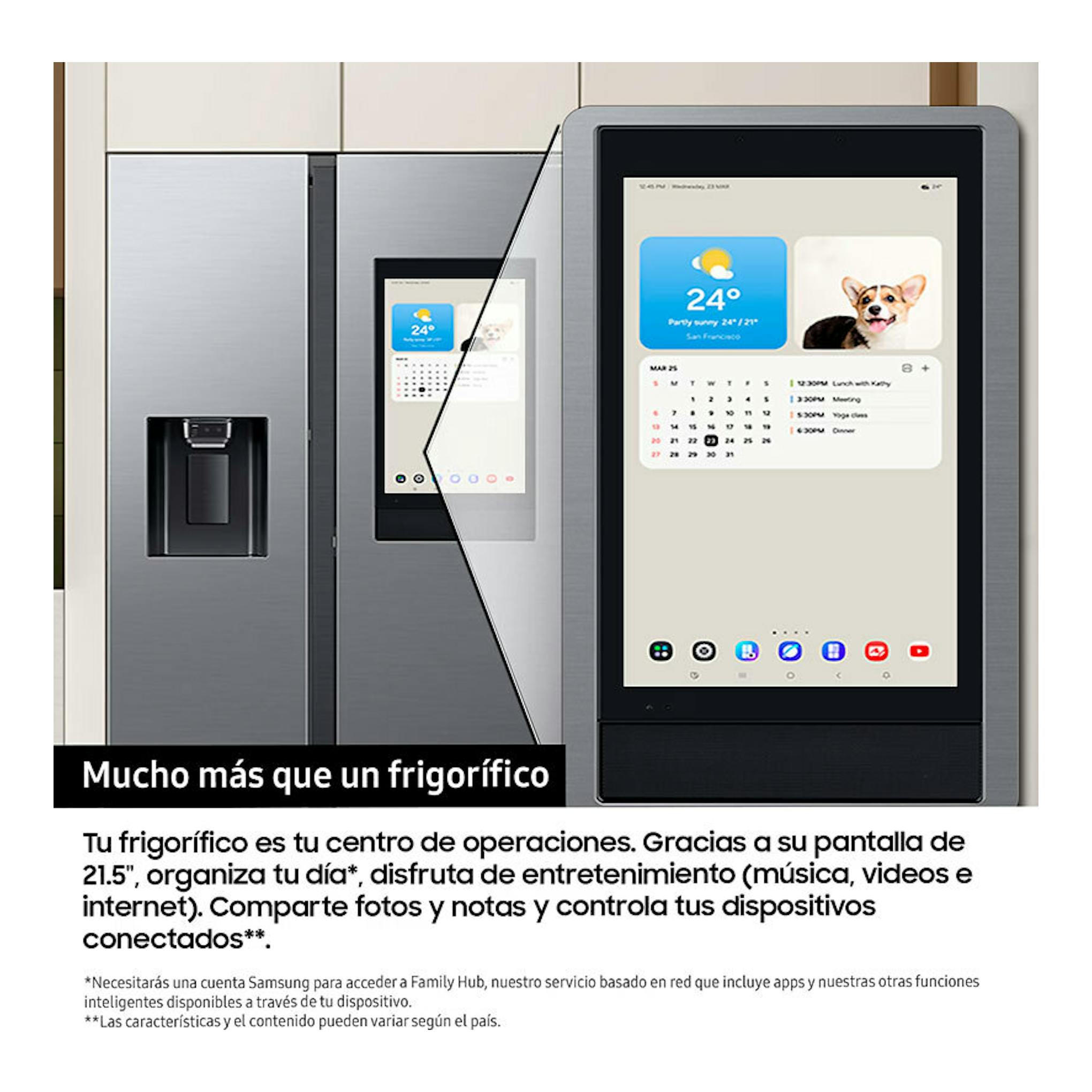 Frigorífico americano Samsung RS90F66BETEF inox, vista frontal, con dispensador y pantalla táctil.