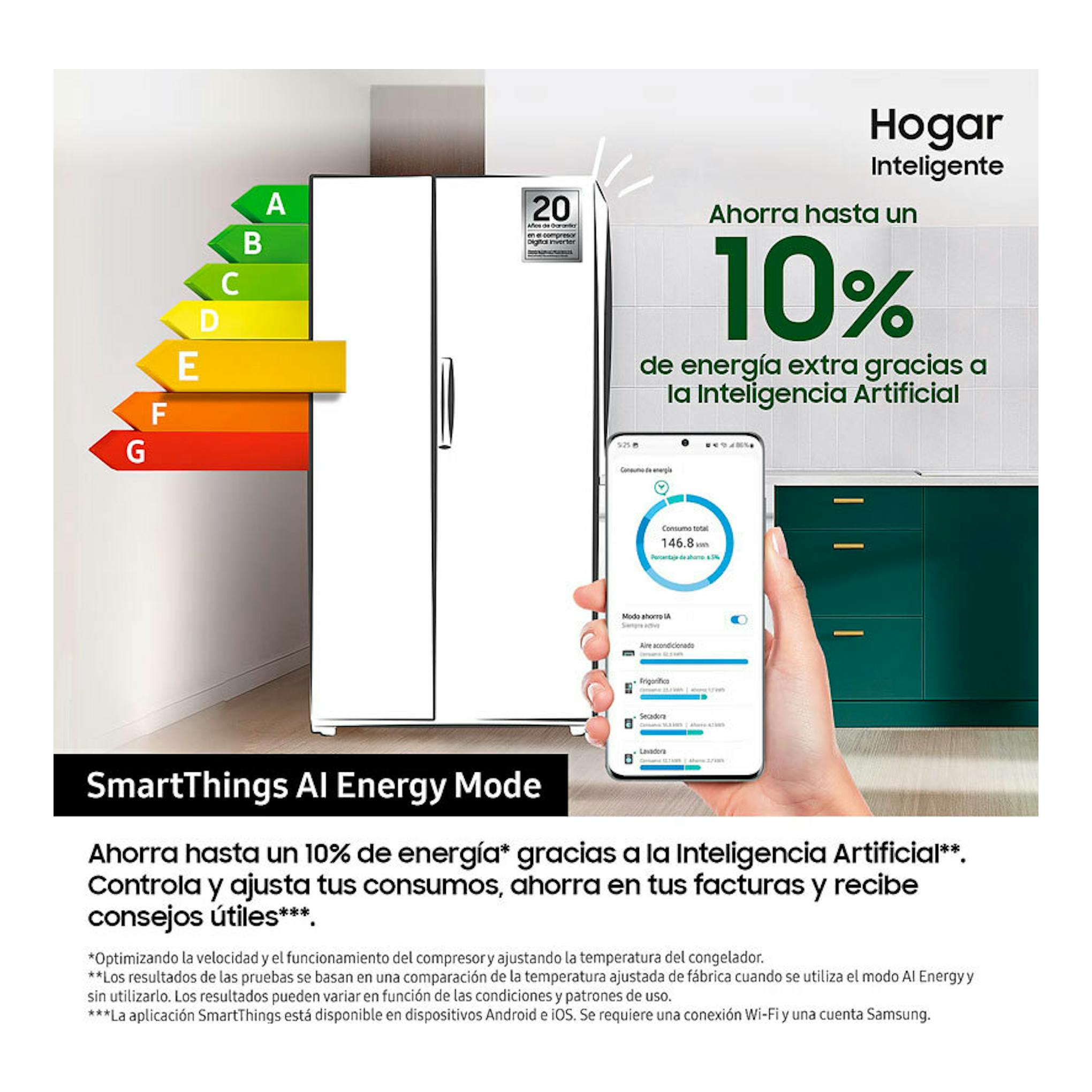 Frigorífico americano Samsung RS90F66BETEF inox, vista frontal, con etiqueta energética y móvil SmartThings.