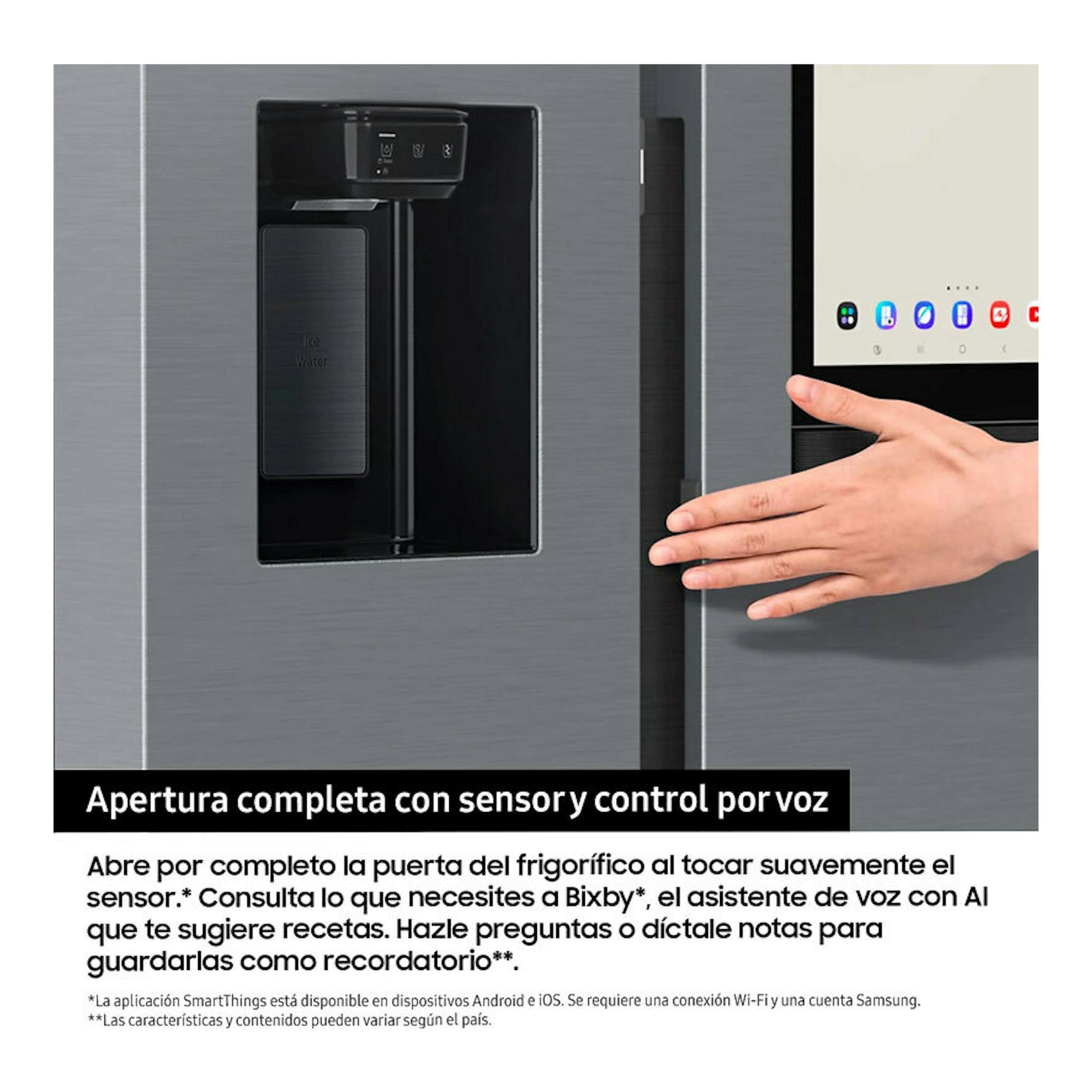 Primer plano del frigorífico americano Samsung RS90F66BETEF inox, con panel táctil y mano junto al sensor.