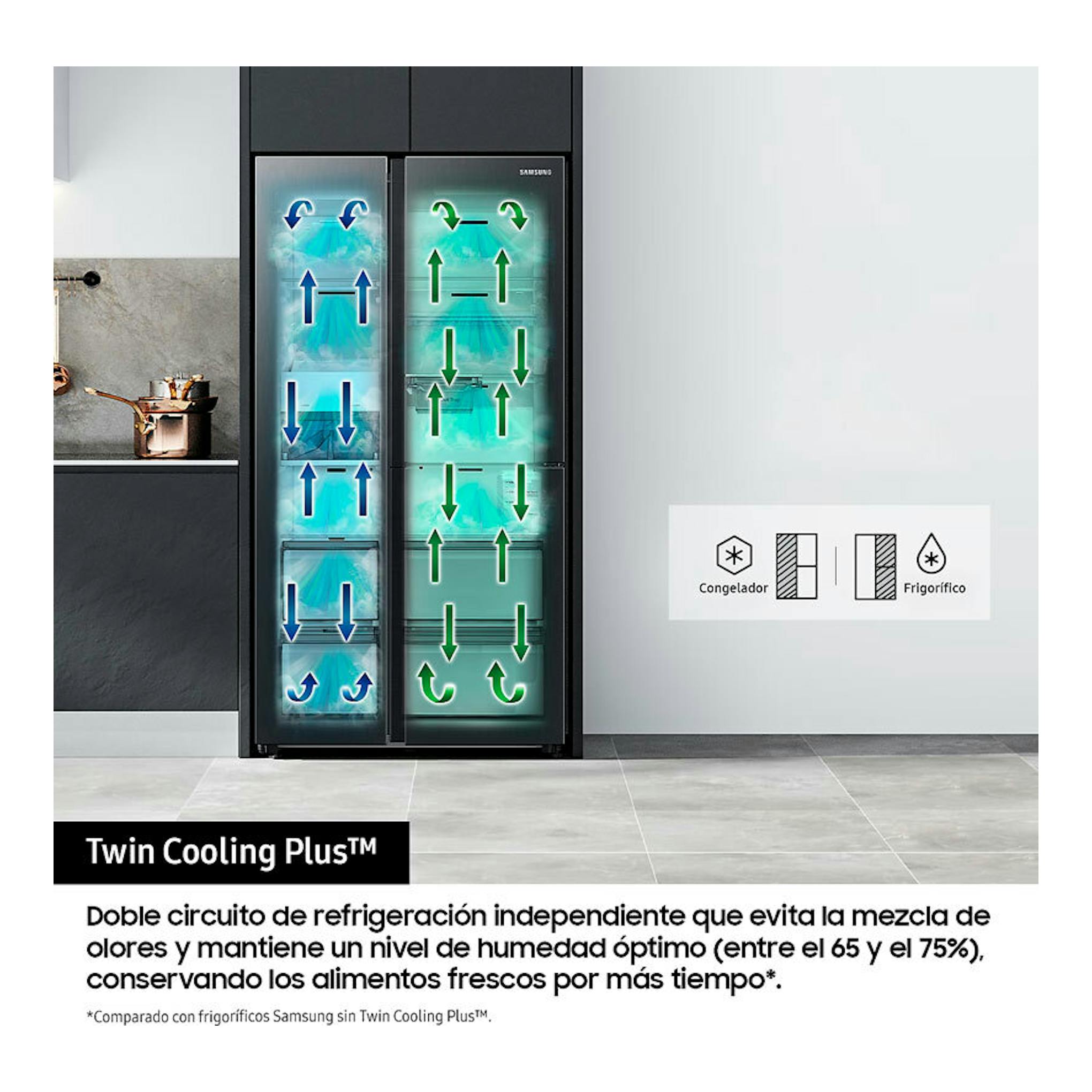 Frigorífico americano Samsung RS90F66BETEF negro, vista frontal, con gráficos de Twin Cooling Plus.