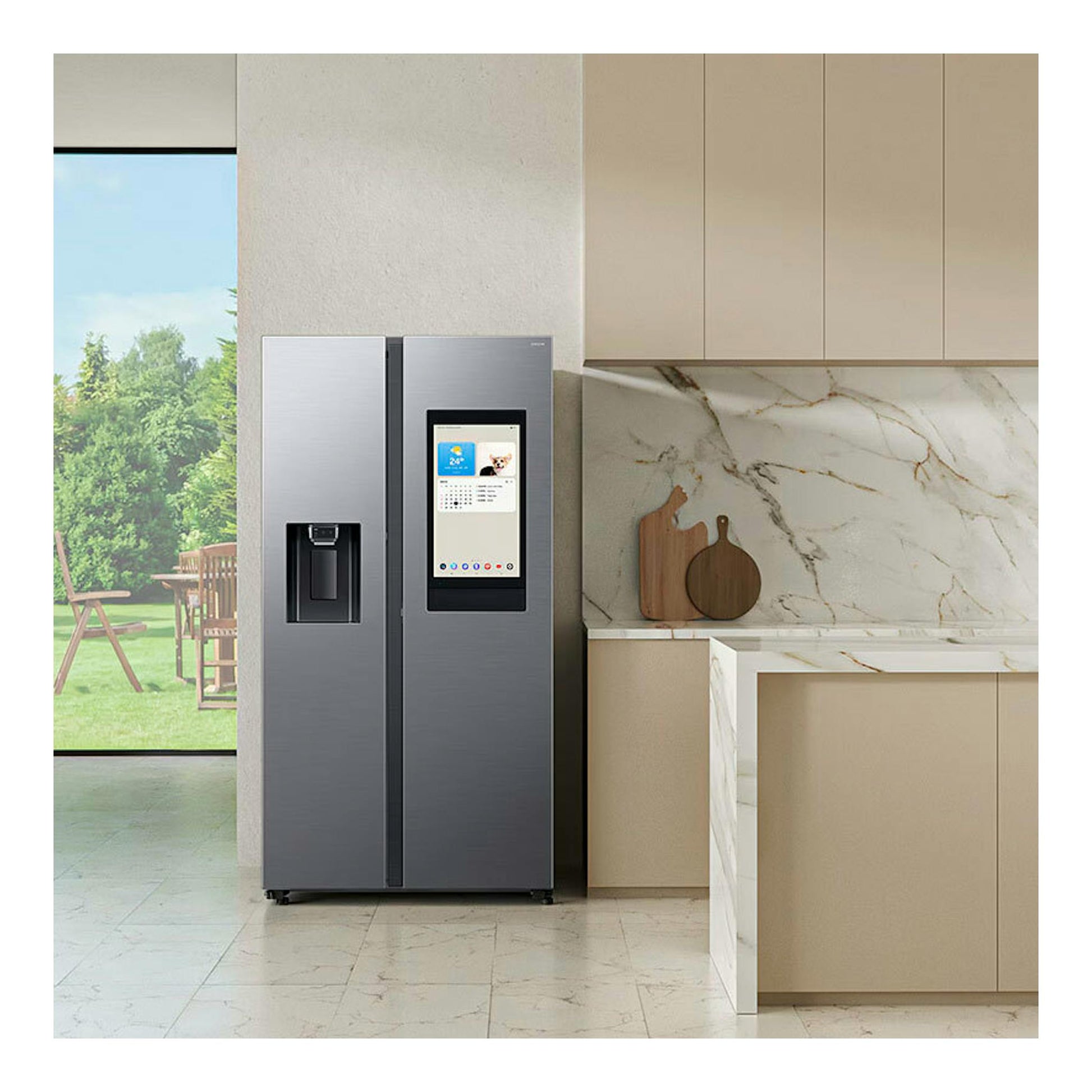 Frigorífico americano Samsung RS90F66BETEF inox, vista frontal, con dispensador y pantalla en la puerta.