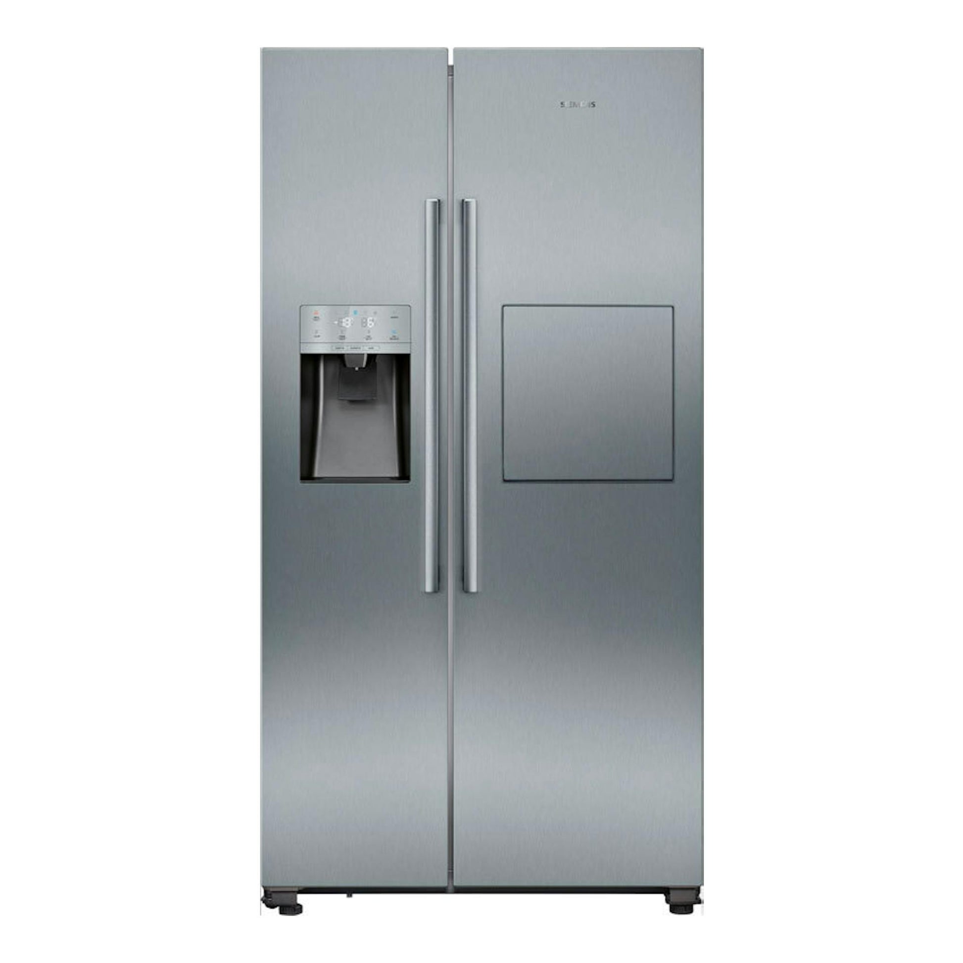 Frigorífico americano Siemens KA93GAIDP inox, vista frontal, dos puertas con dispensador.