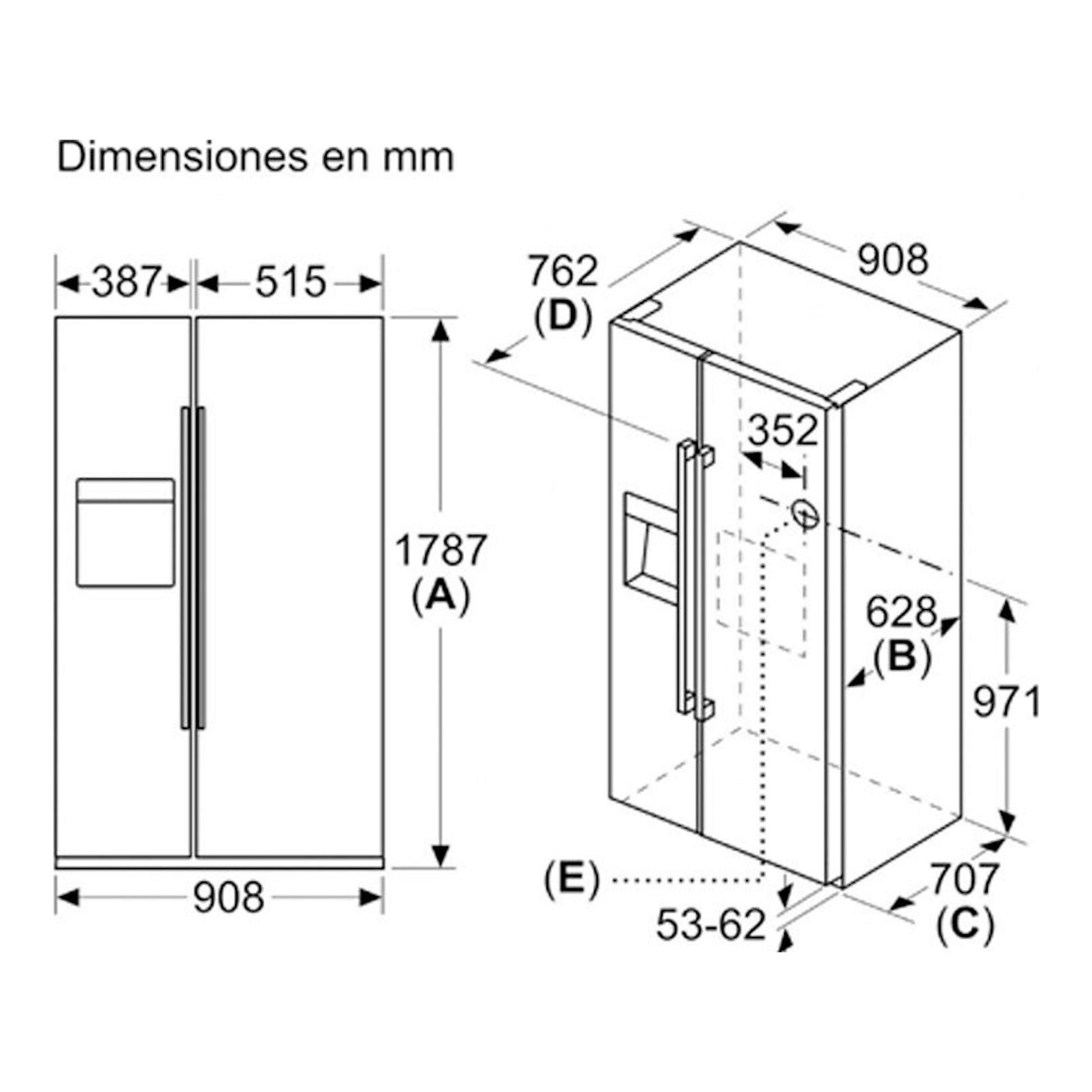 Siemens KA93GAIDP, diagrama de dimensiones de frigorífico americano inox, vista frontal e isométrica.
