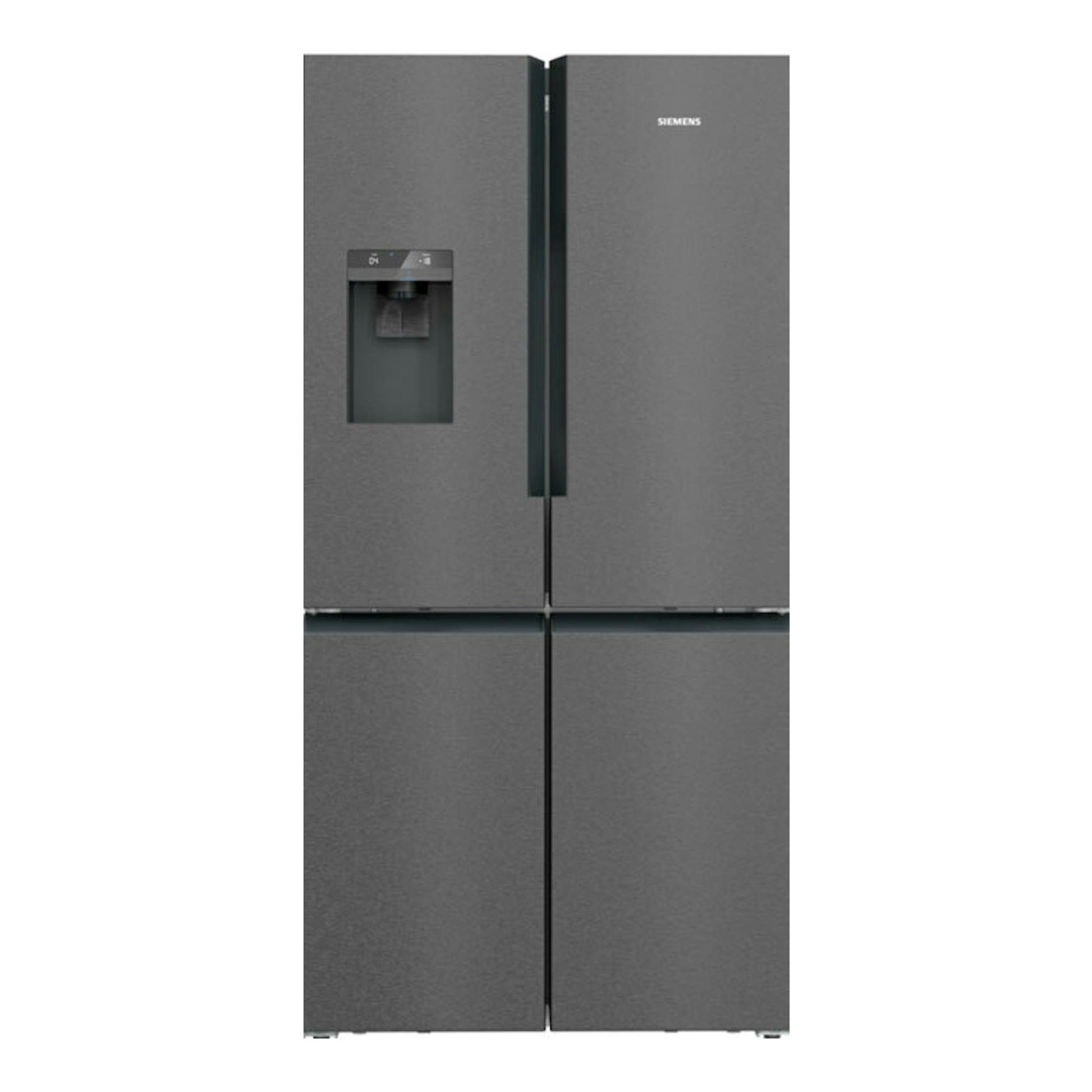 Frigorífico americano Siemens KF96DPXEA de cuatro puertas, acabado inox negro, vista frontal.