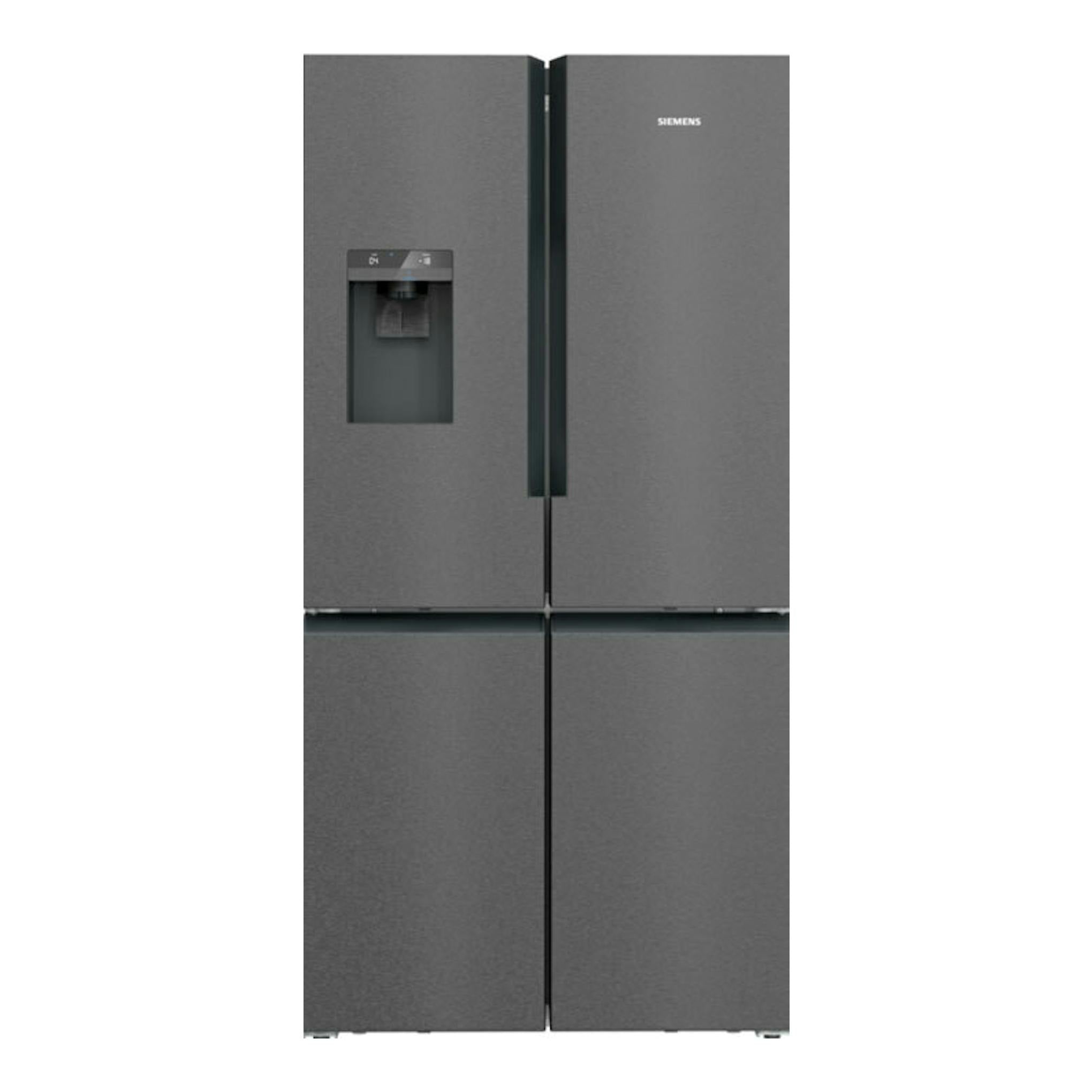 Frigorífico americano Siemens KF96DPXEA de cuatro puertas, acabado inox negro, vista frontal.