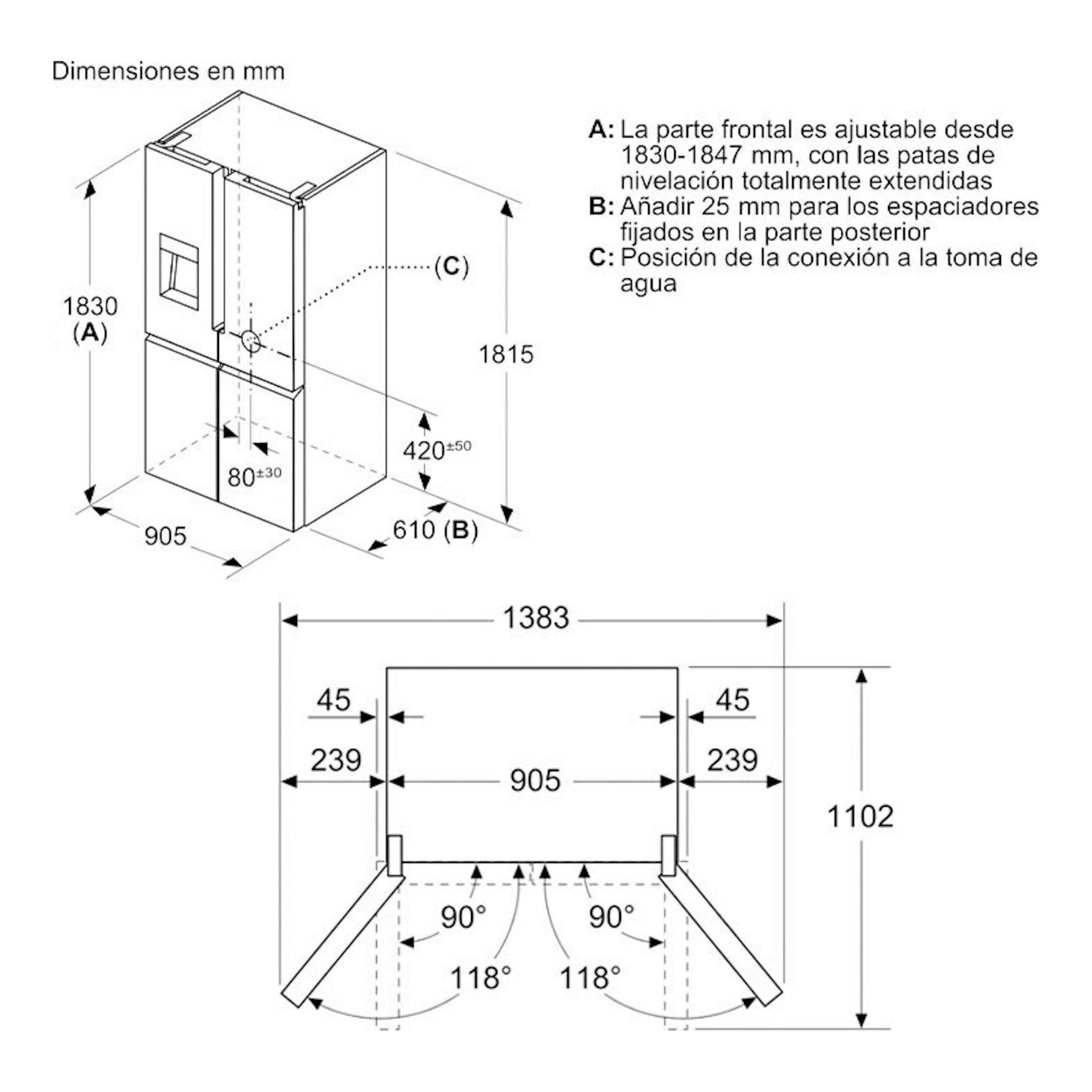 Esquema técnico del frigorífico americano Siemens KF96DPXEA en inox negro, con medidas y vista frontal/lateral.
