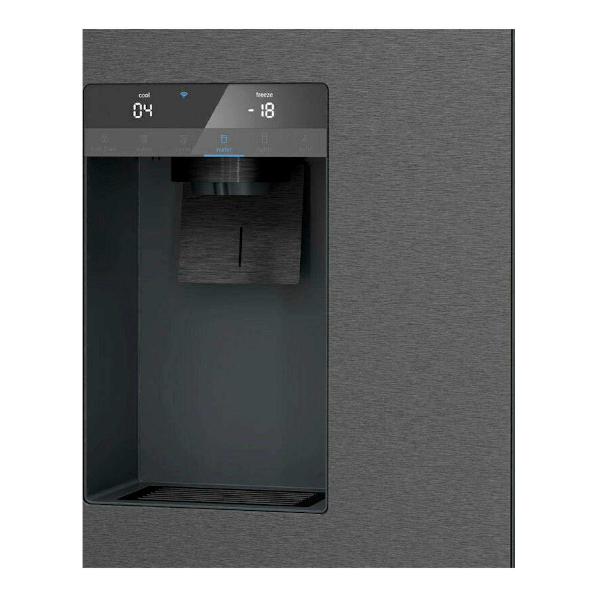 Frigorífico americano Siemens KF96DPXEA inox negro, vista frontal del dispensador de agua y hielo.