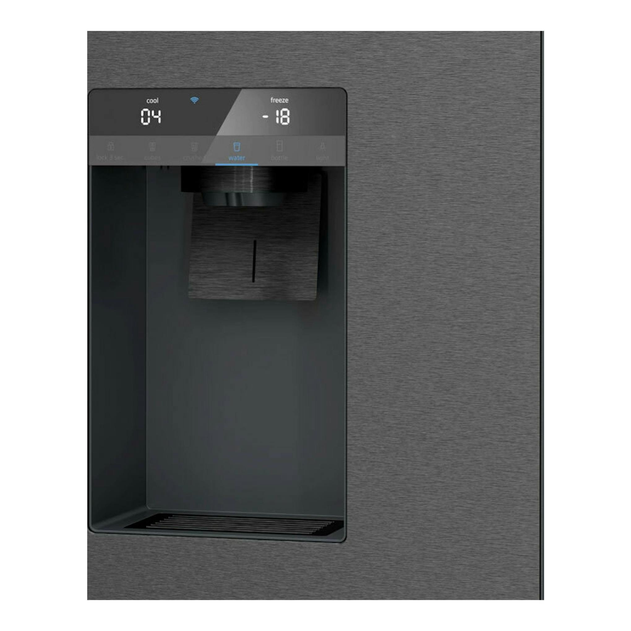 Frigorífico americano Siemens KF96DPXEA inox negro, vista frontal del dispensador de agua y hielo.