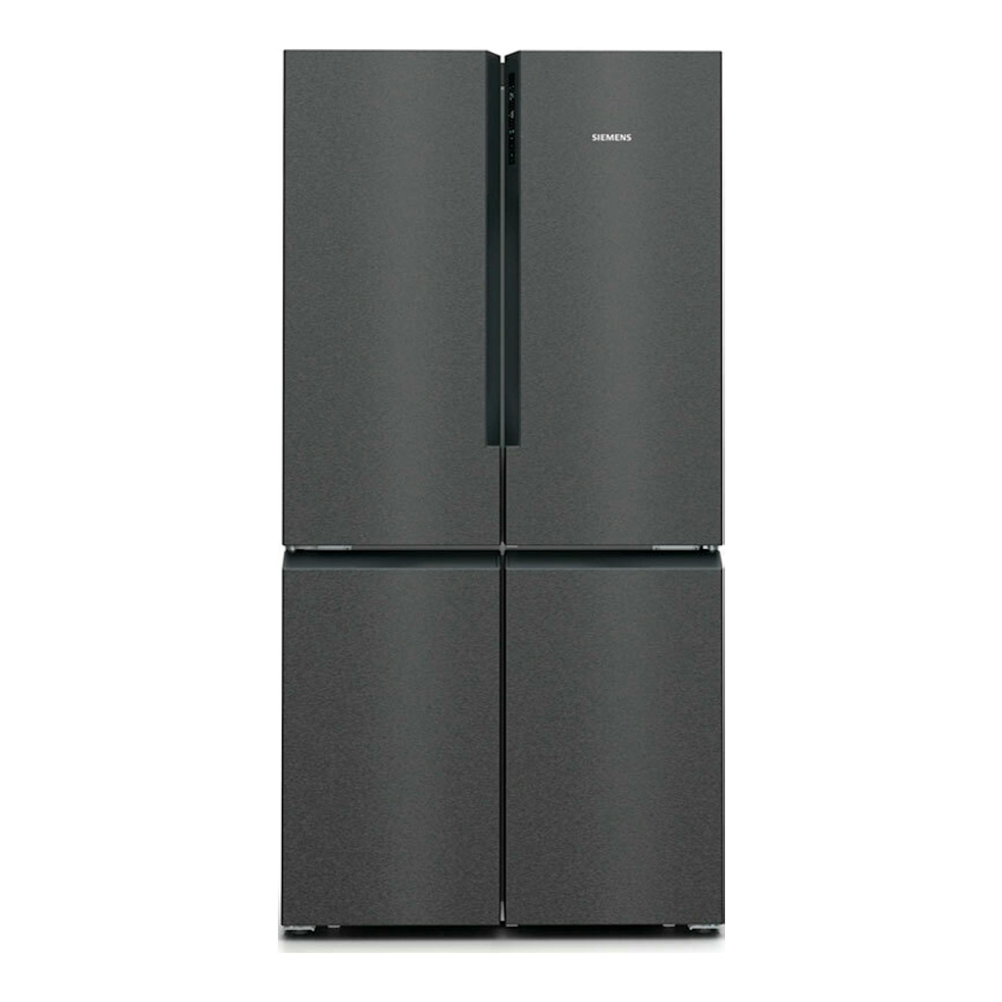 Frigorífico americano Siemens KF96NAXEA gris, vista frontal, de cuatro puertas.
