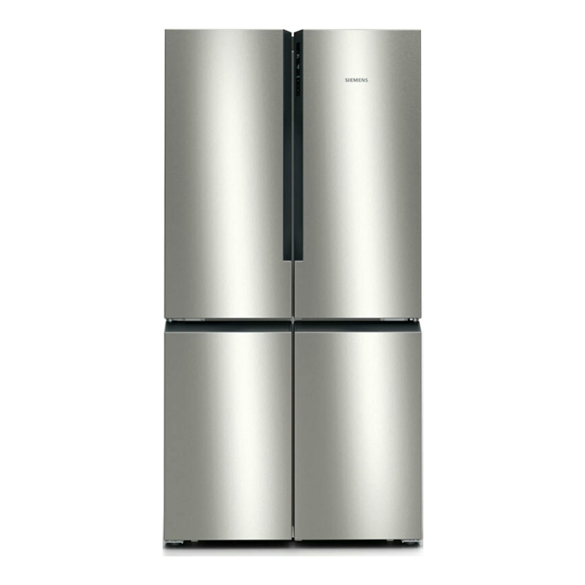 Frigorífico americano Siemens KF96NVPEA inox, vista frontal, cuatro puertas y acabado plateado.