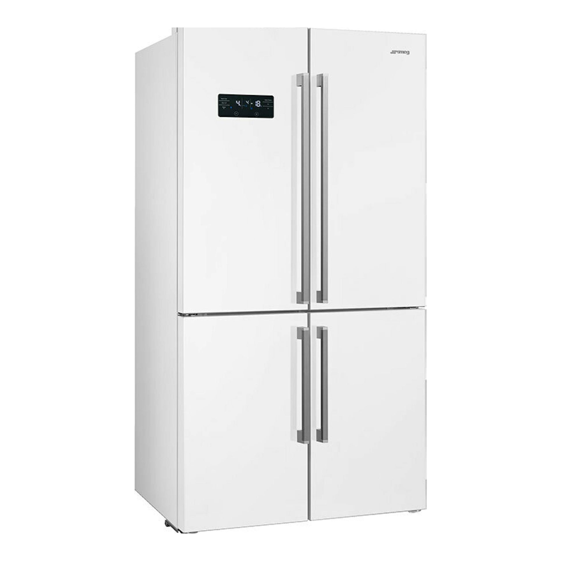 Frigorífico americano Smeg FQ60BDE blanco, vista frontal, con cuatro puertas y panel digital.