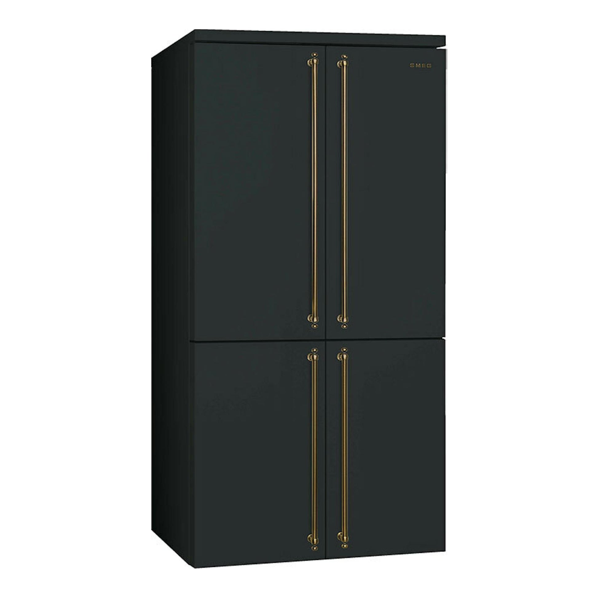 Frigorífico americano Smeg FQ60CAO6 gris antracita, vista frontal, cuatro puertas y tiradores dorados.
