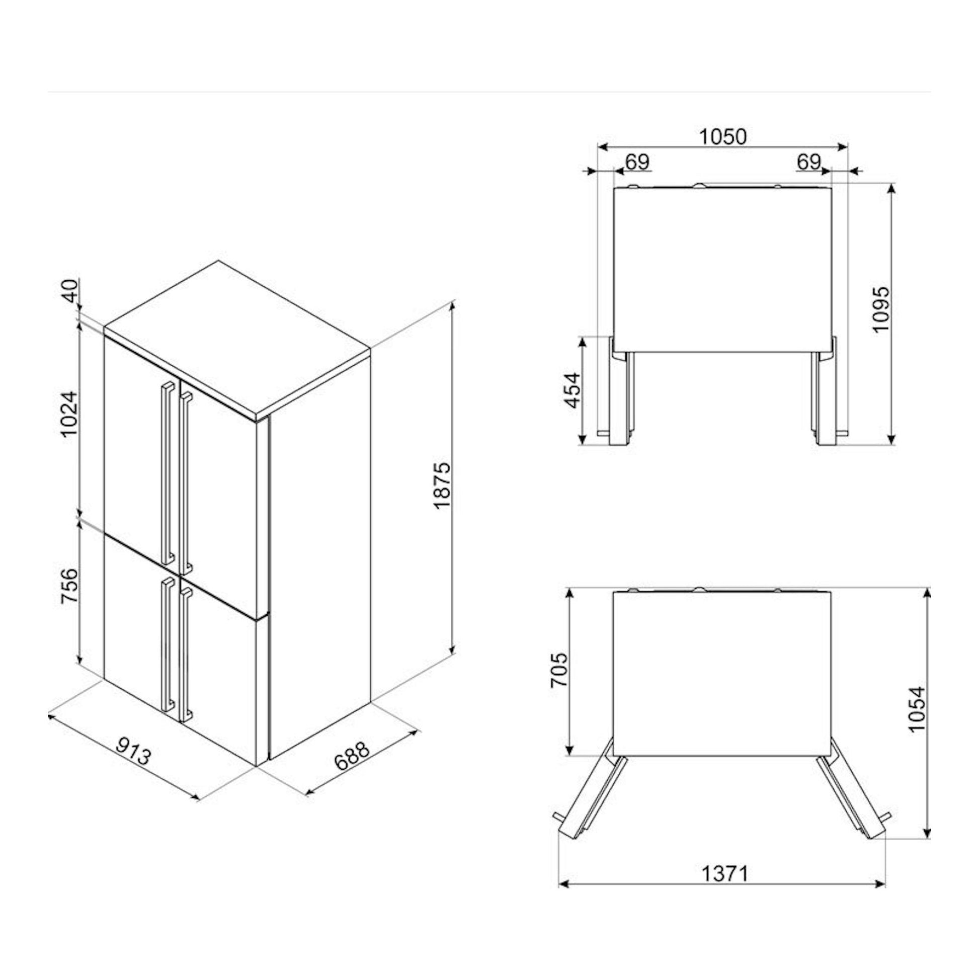 Smeg FQ60CAO6, frigorífico americano gris antracita, dibujo técnico con vistas frontal e isométrica y medidas.
