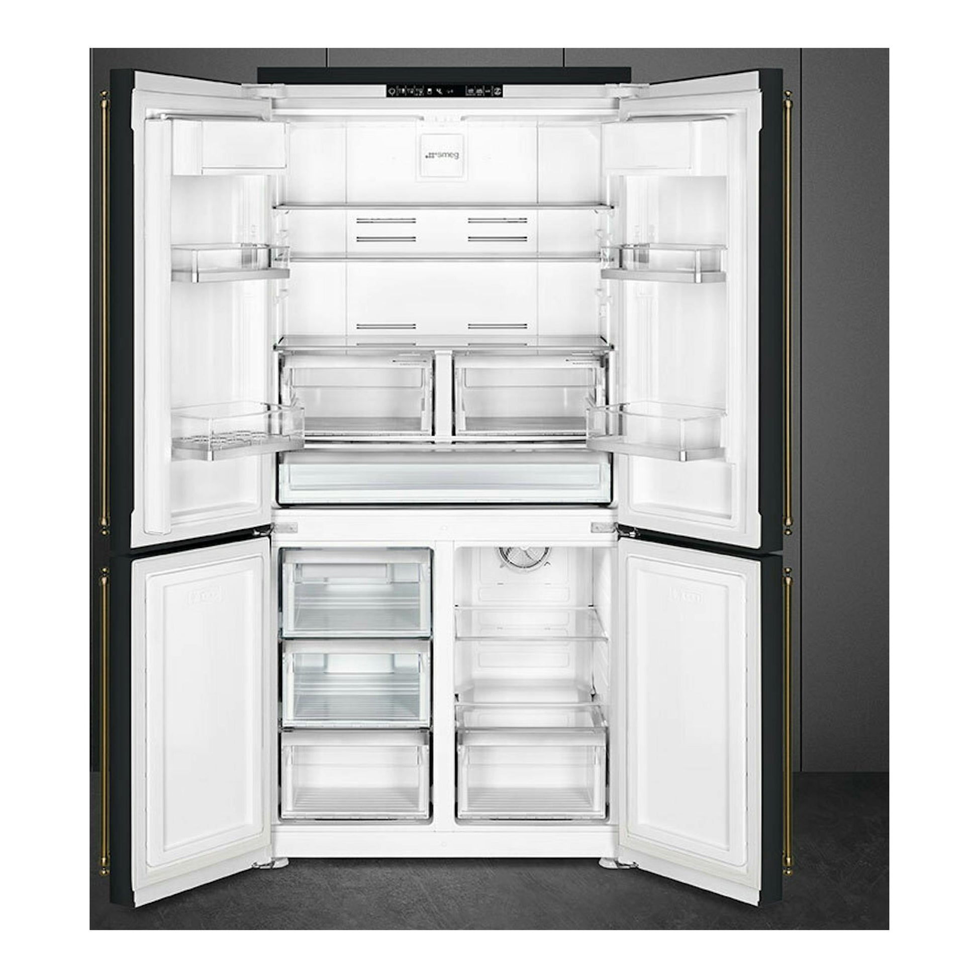 Frigorífico americano Smeg FQ60CAO6 gris antracita, vista frontal con cuatro puertas abiertas e interior blanco.