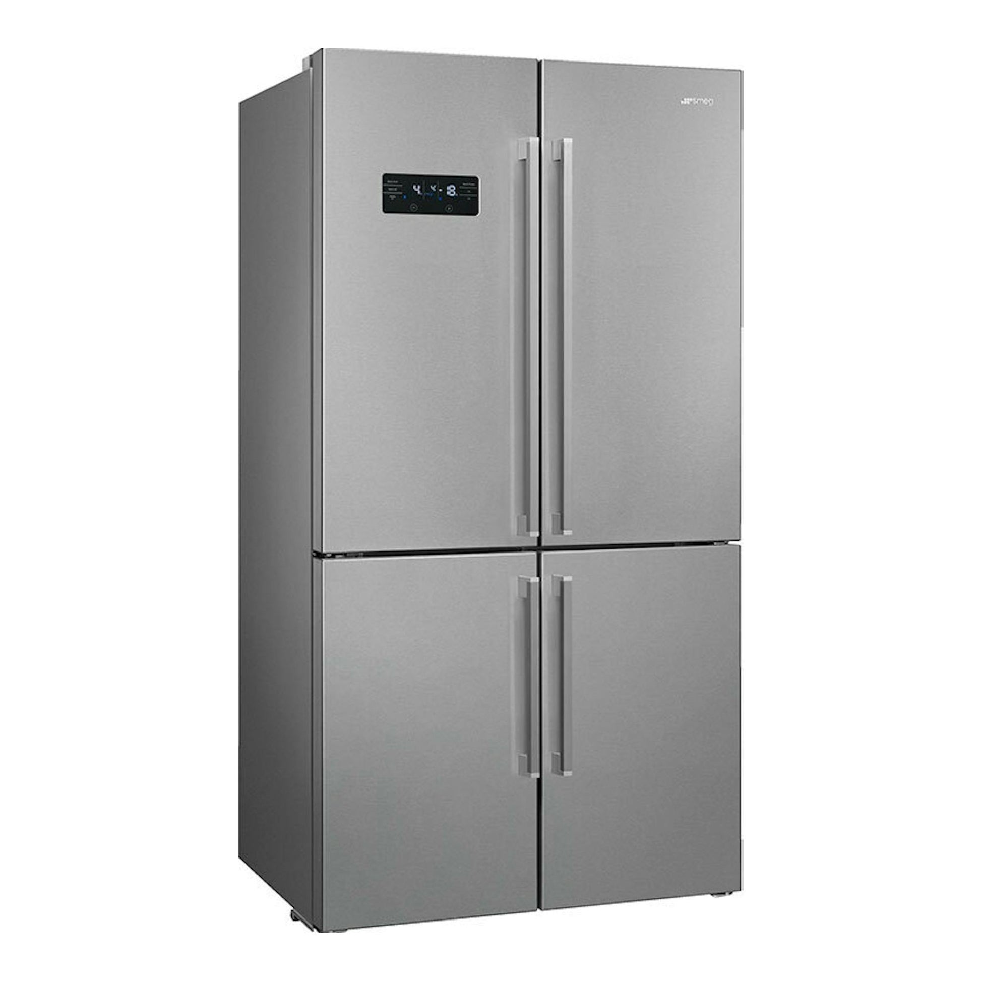 Frigorífico americano Smeg FQ60XDE inox, vista frontal, cuatro puertas y panel de control.