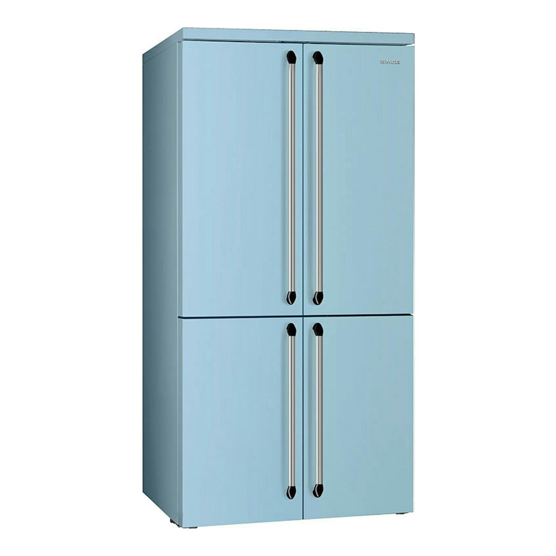 Frigorífico americano Smeg FQ960PB6 azul claro, vista frontal de cuatro puertas.