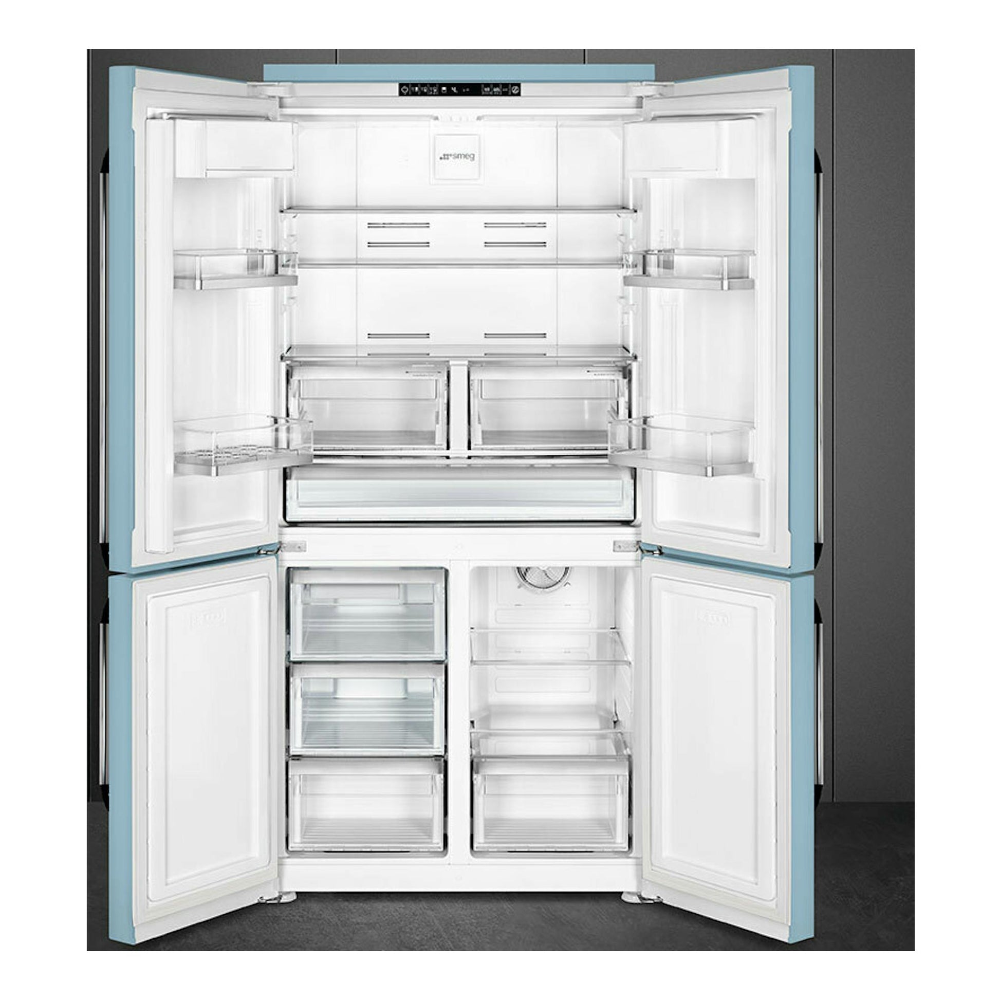 Frigorífico americano Smeg FQ960PB6 azul, vista frontal con puertas abiertas y interior blanco visible.