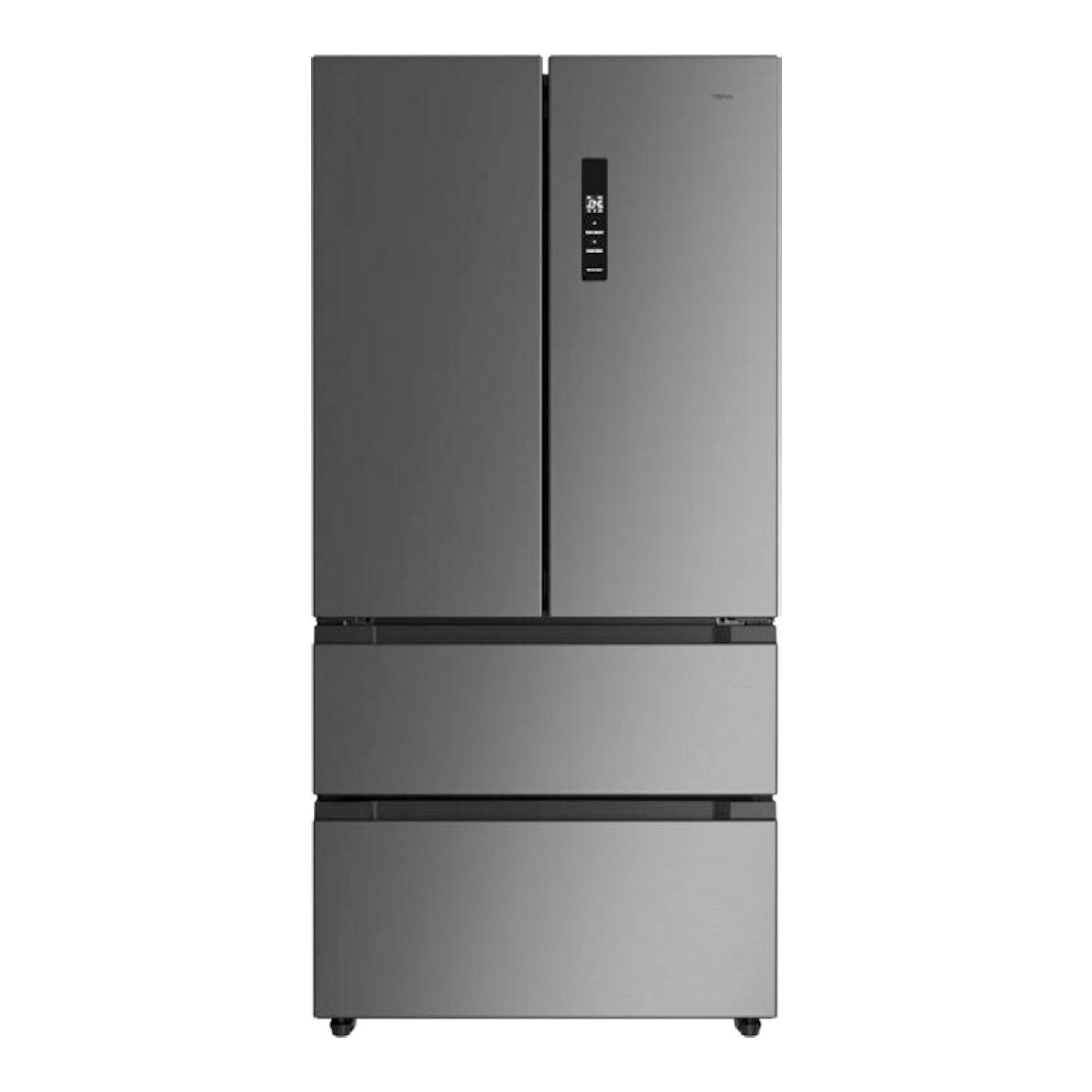 Frigorífico americano Teka RFD77825 inox, vista frontal, acabado gris acero, con dos puertas y cajones inferiores.