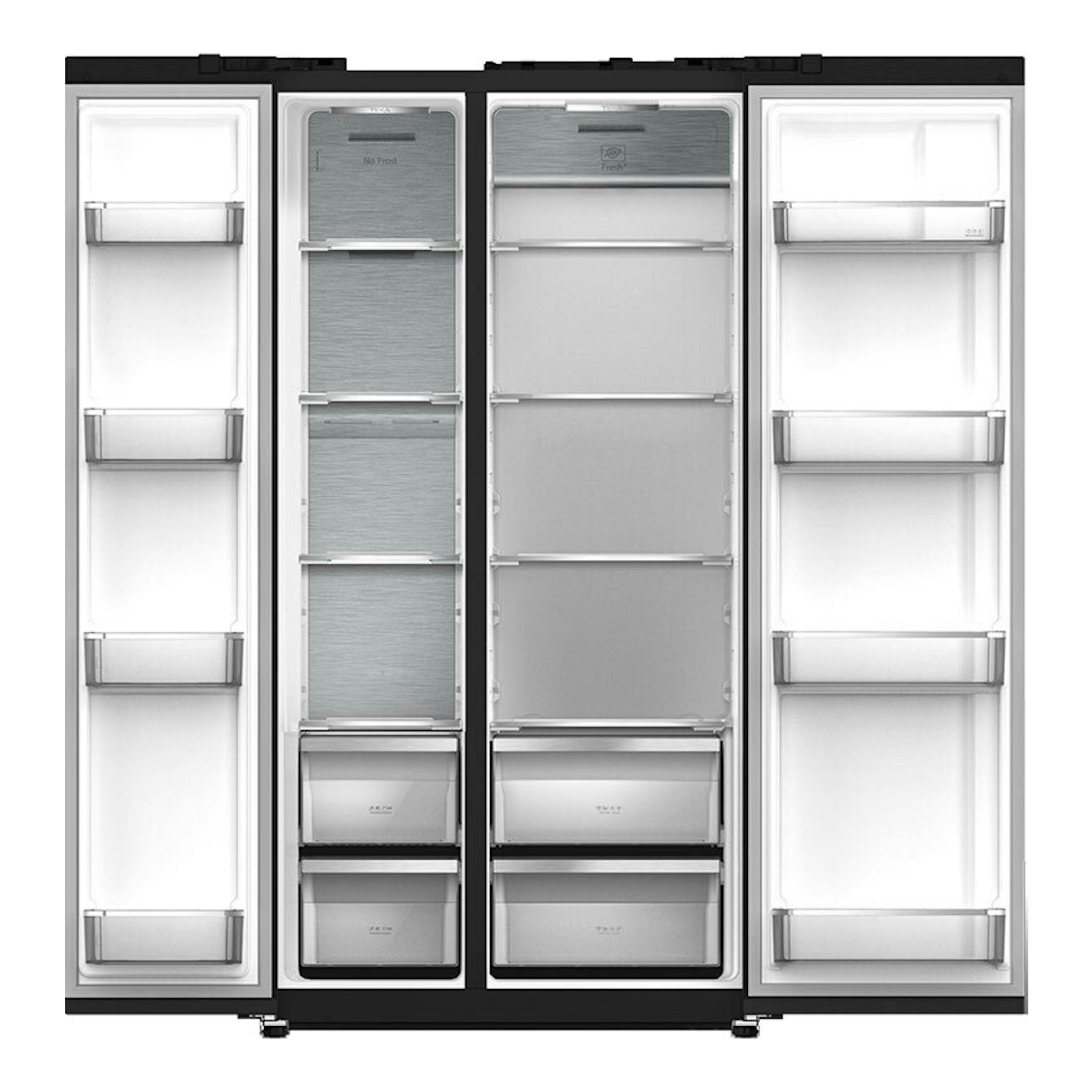 Frigorífico americano Teka RLF74917 cristal negro, vista frontal con cuatro puertas abiertas e interior visible.