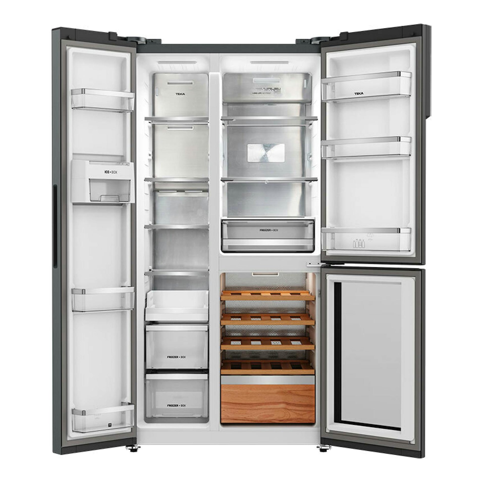 Frigorífico americano Teka RLF85950 Cristal Negro, vista frontal, abierto, con compartimentos y cajones visibles.