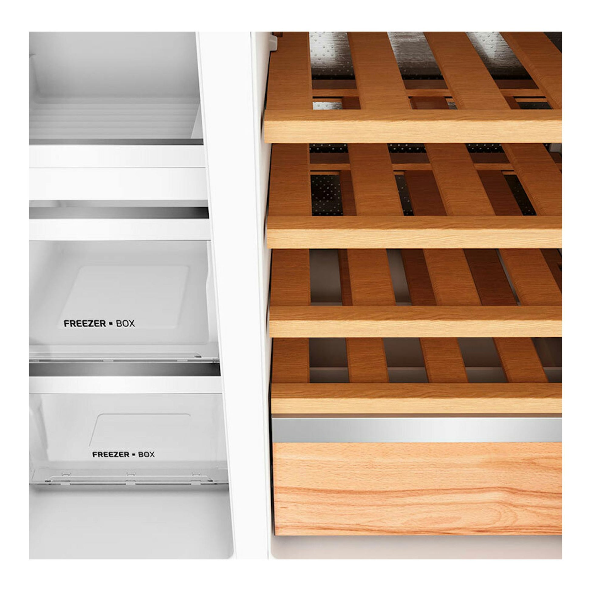 Teka RLF85950 Cristal Negro, vista interior de frigorífico americano con cajones congelador y botellero de madera.