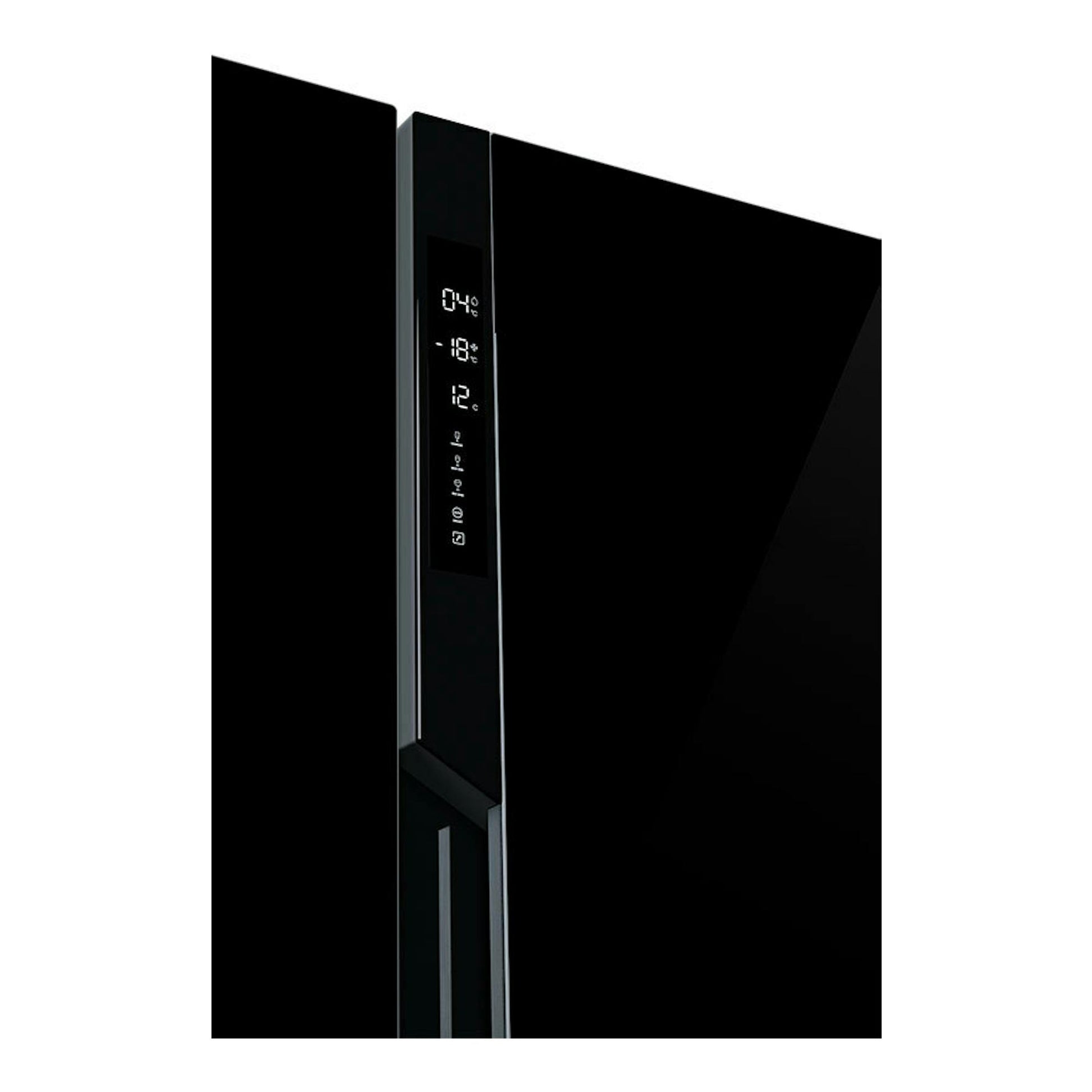 Frigorífico americano Teka RLF85950 en cristal negro, vista frontal parcial con panel digital central.
