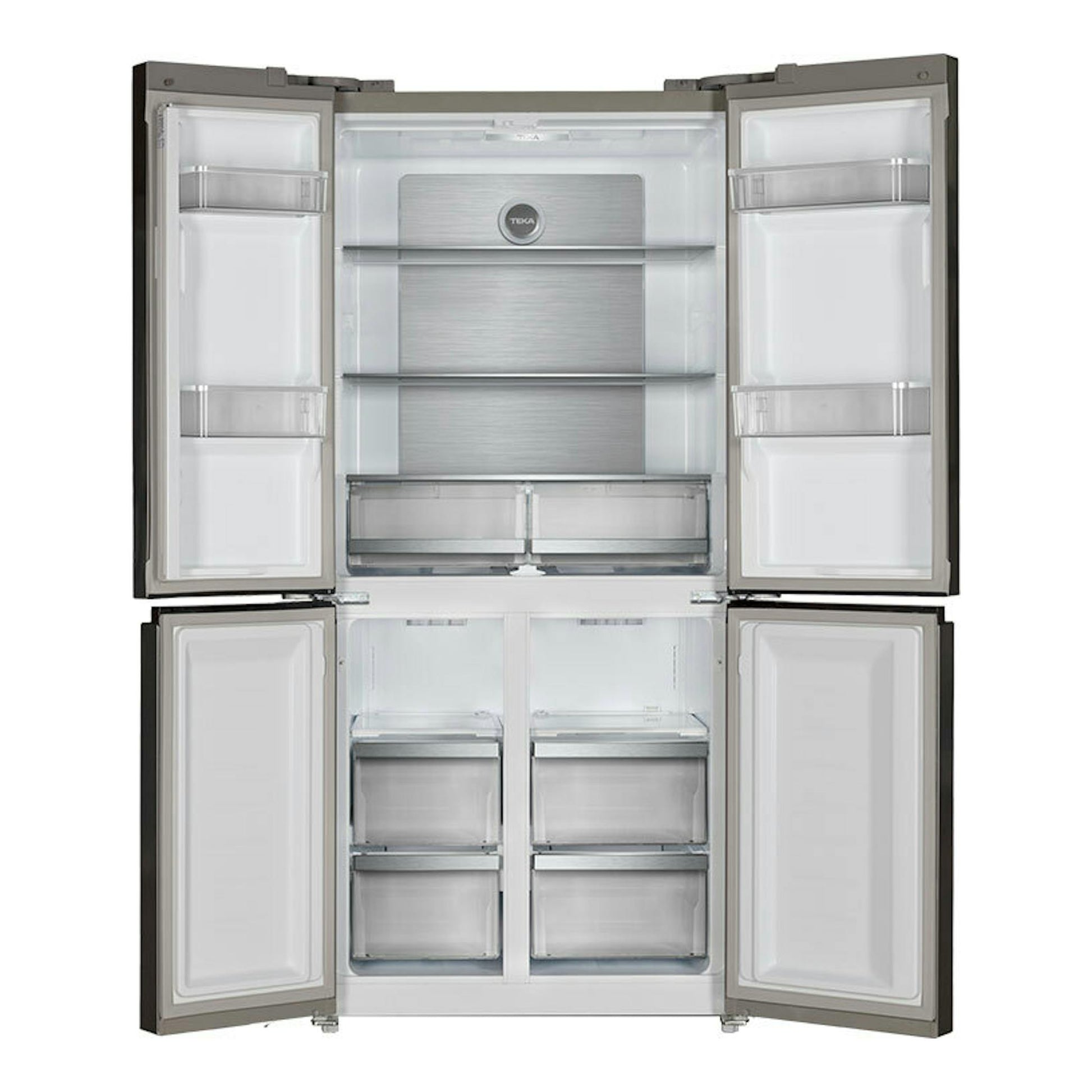 Frigorífico americano Teka RMF75820 cristal negro, vista frontal con las cuatro puertas abiertas.