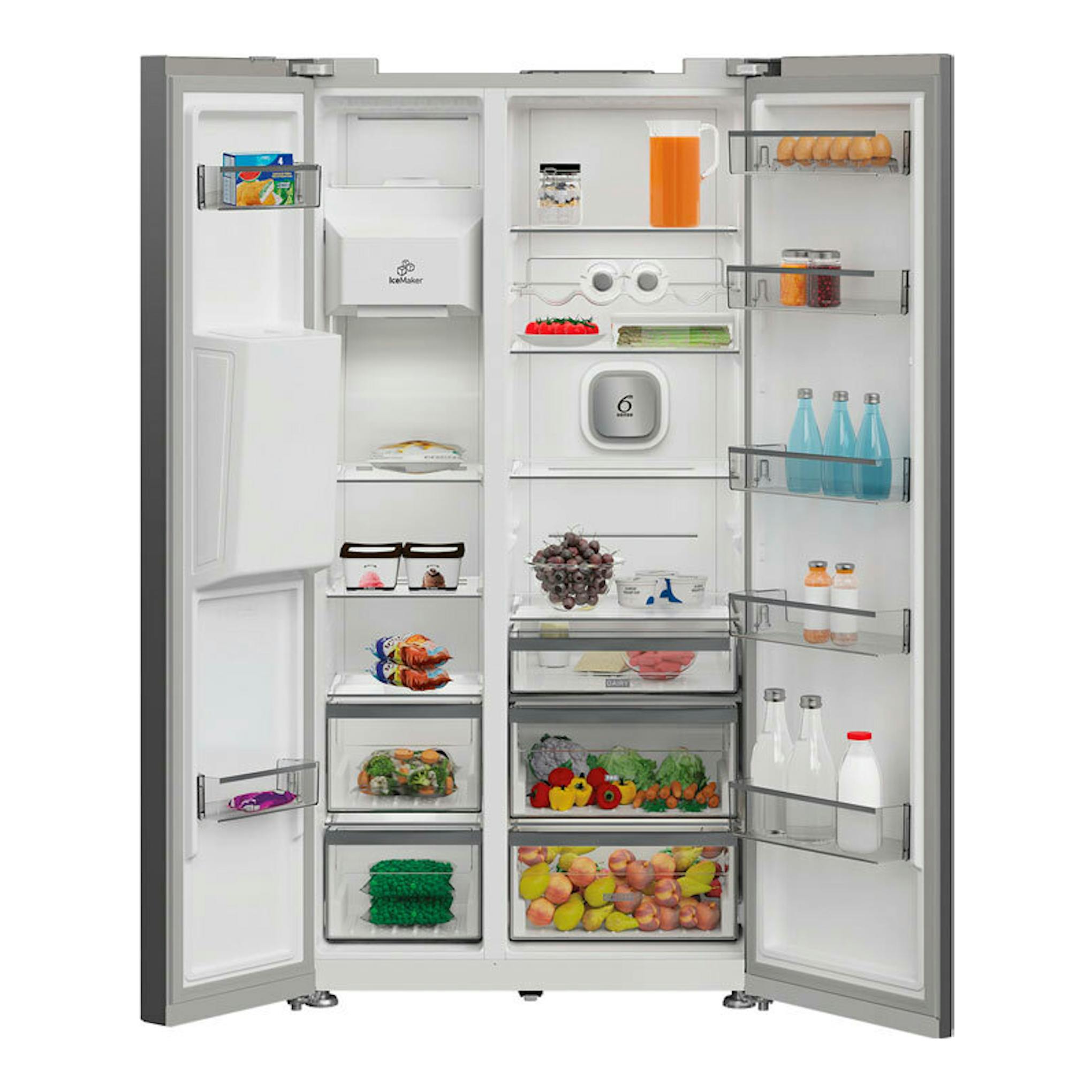 Frigorífico americano Whirlpool WHG26574WX5E inox, vista frontal abierto, con compartimentos y baldas llenos.