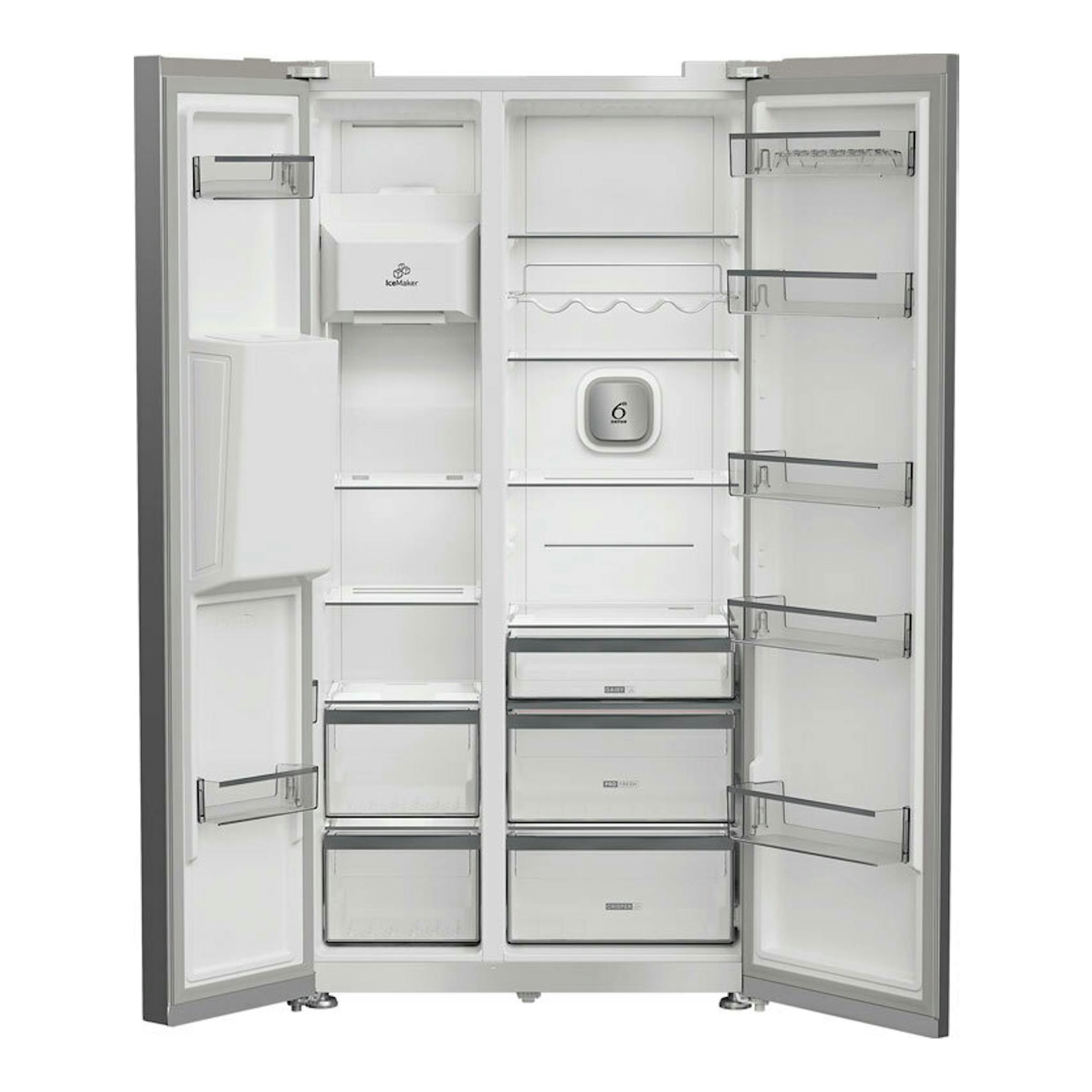 Frigorífico americano Whirlpool WHG26574WX5E inox, vista frontal con puertas abiertas e interior visible.