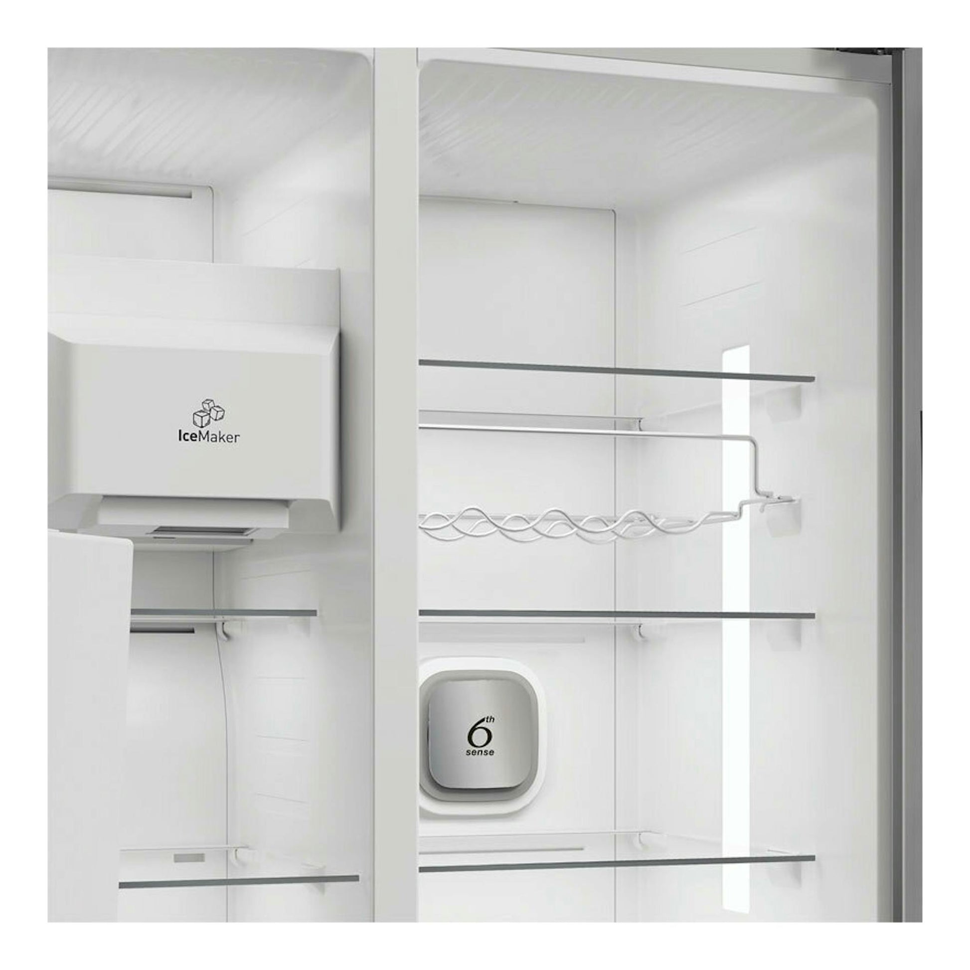 Interior frontal de frigorífico americano Whirlpool WHG26574WX5E Inox, con IceMaker y baldas de cristal.