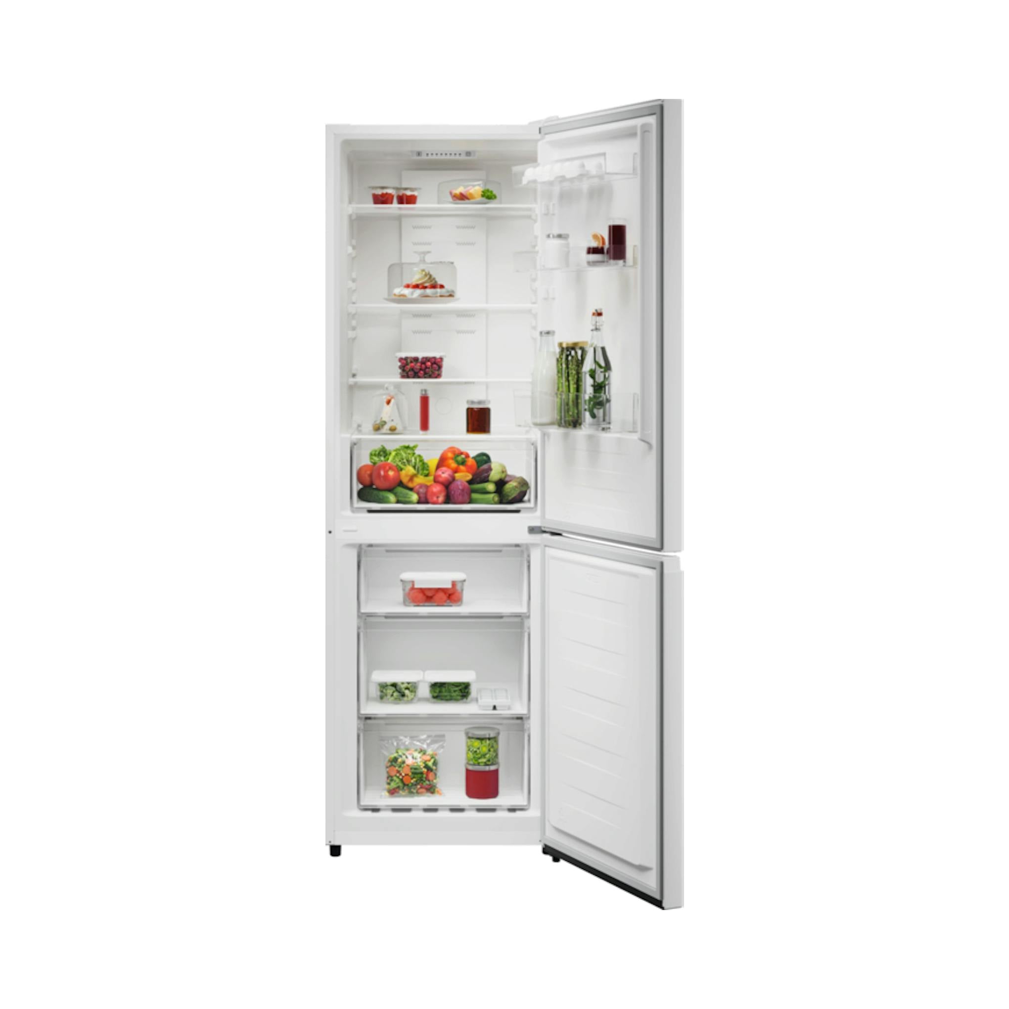 Frigorífico combi AEG ORC6M301DW blanco, vista frontal con puerta abierta y compartimentos visibles.