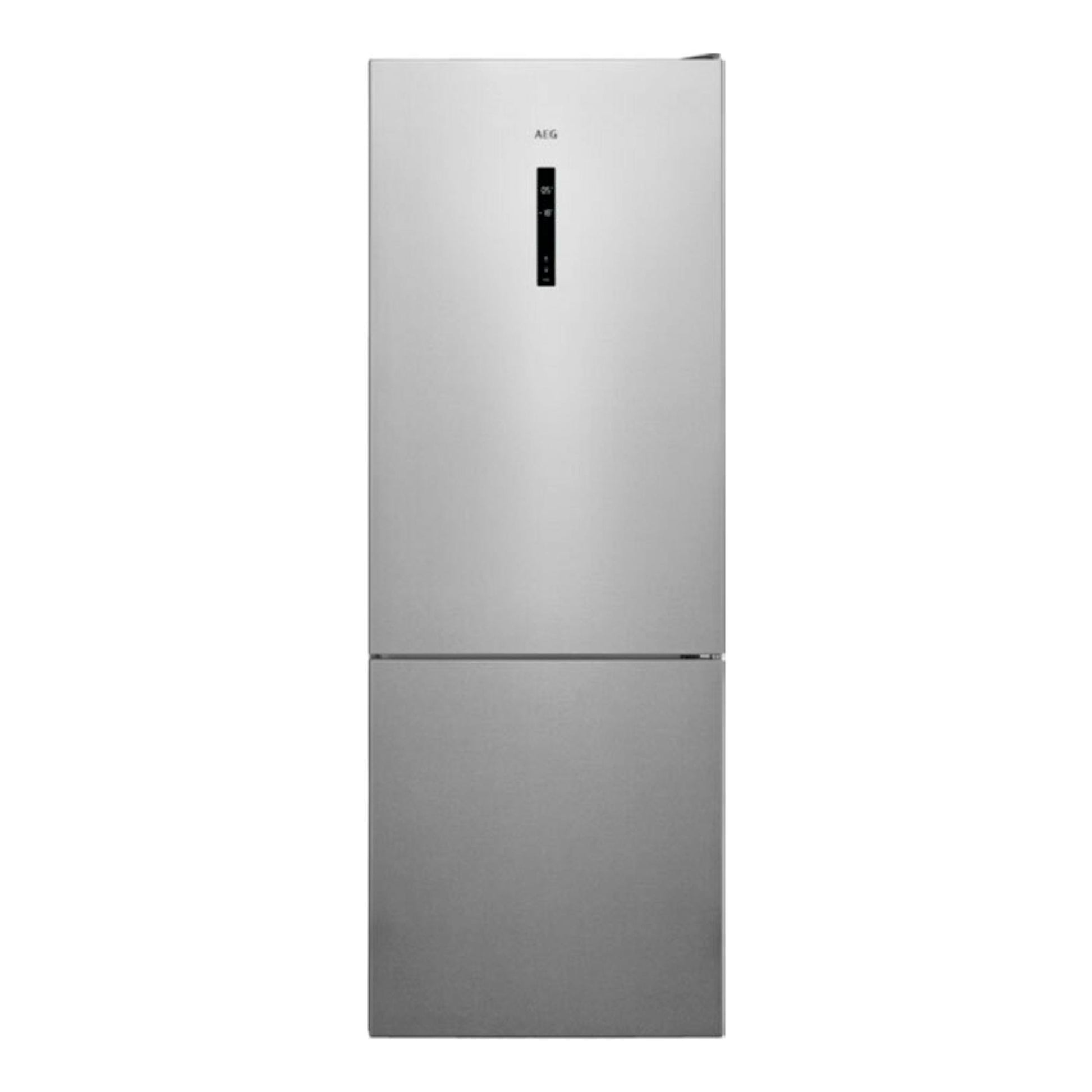 Frigorífico combi AEG ORC6M481EX inox, vista frontal, acabado plateado, con panel de control vertical.