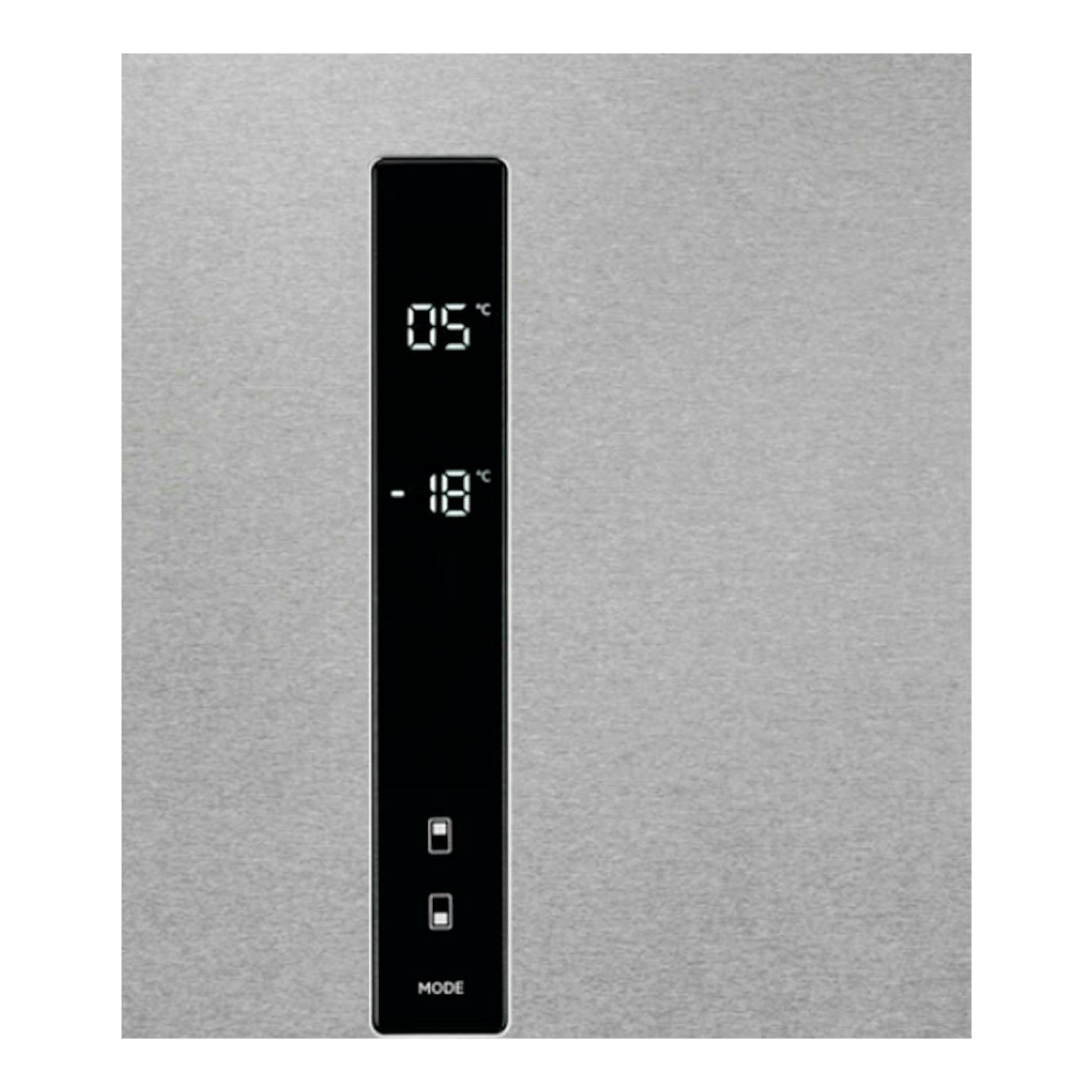 Frigorífico combi AEG ORC6M481EX inox, primer plano del panel digital negro con 5 °C y -18 °C.