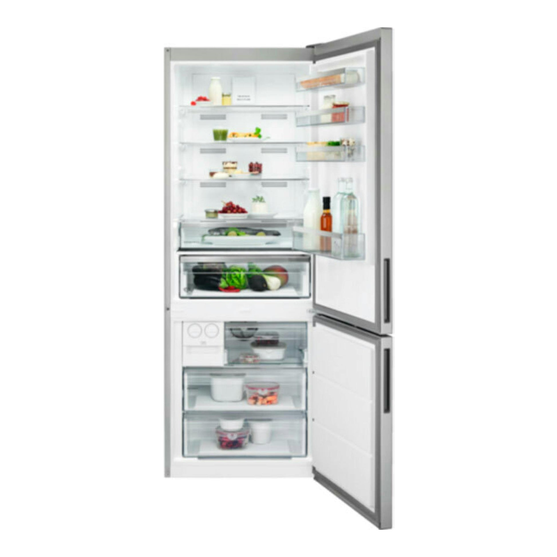 Frigorífico combi AEG ORC6M481EX inox, vista frontal con puertas abiertas y estantes interiores.