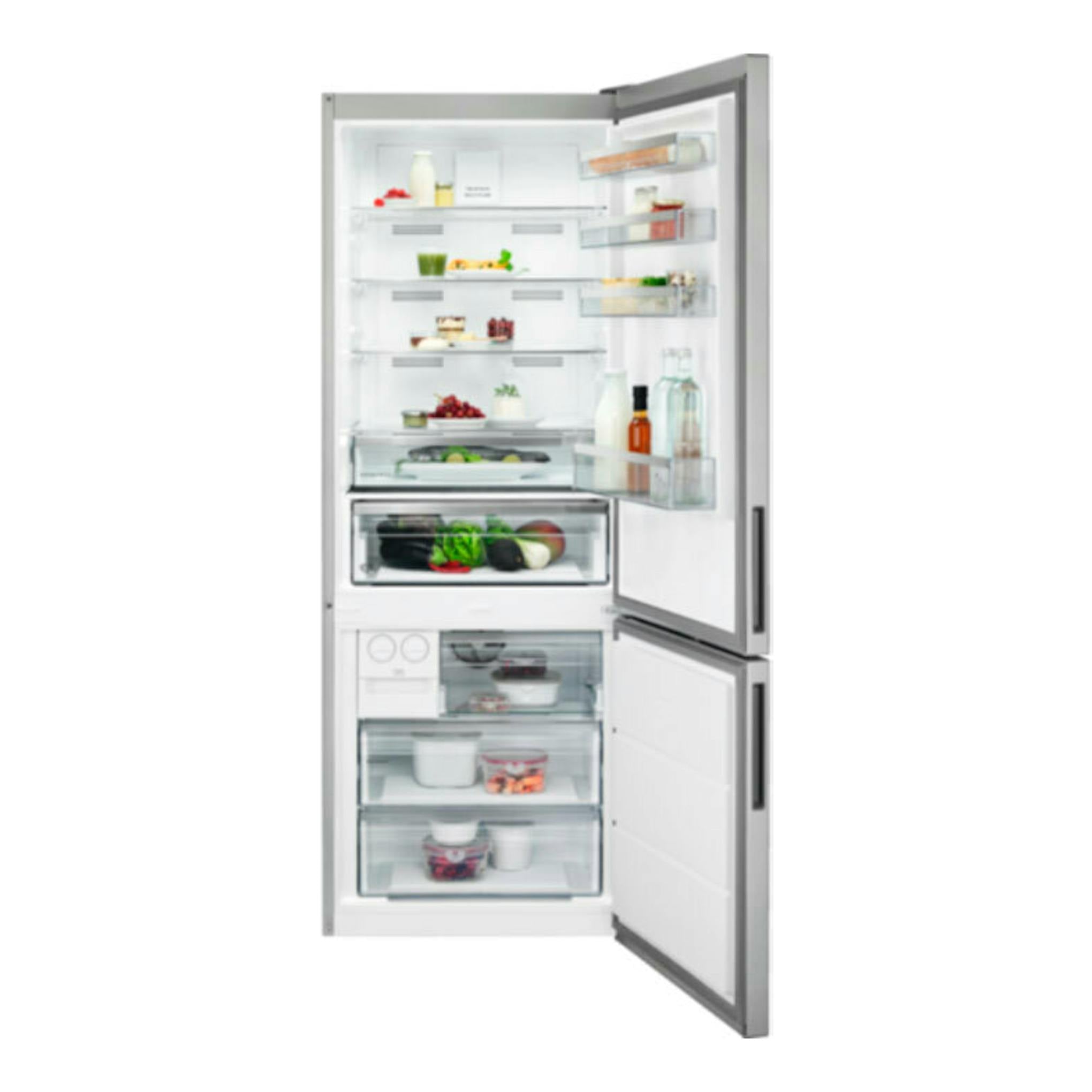 Frigorífico combi AEG ORC6M481EX inox, vista frontal con puertas abiertas y estantes interiores.