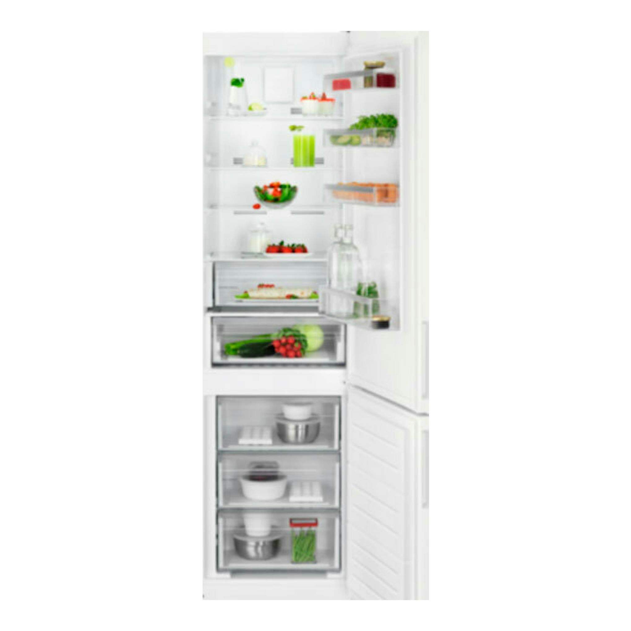 Frigorífico combi AEG ORC6N361EW blanco, vista frontal con puertas abiertas y cajones interiores visibles.