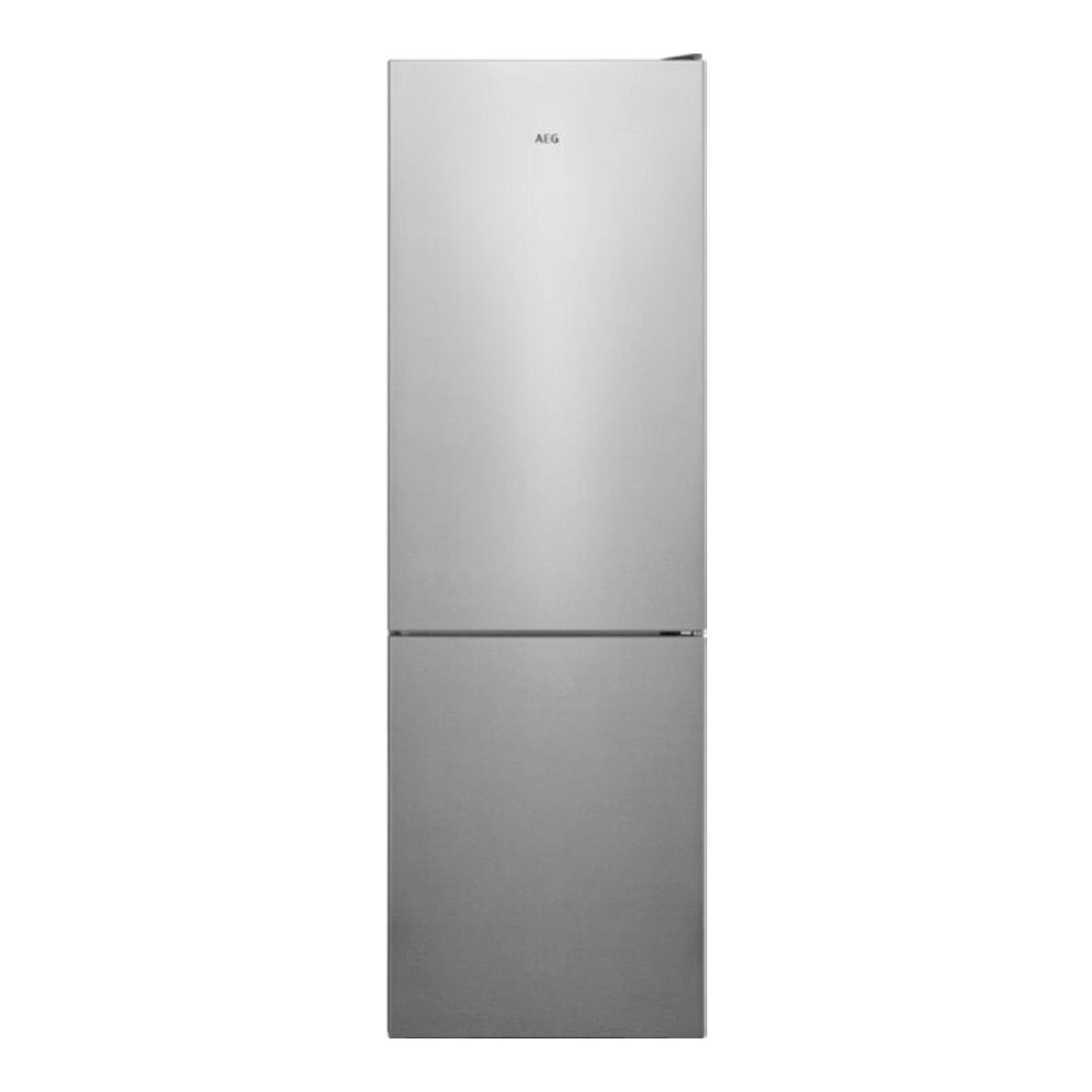 Frigorífico combi AEG RCB632E9MU inox, vista frontal, de dos puertas y acabado metálico.