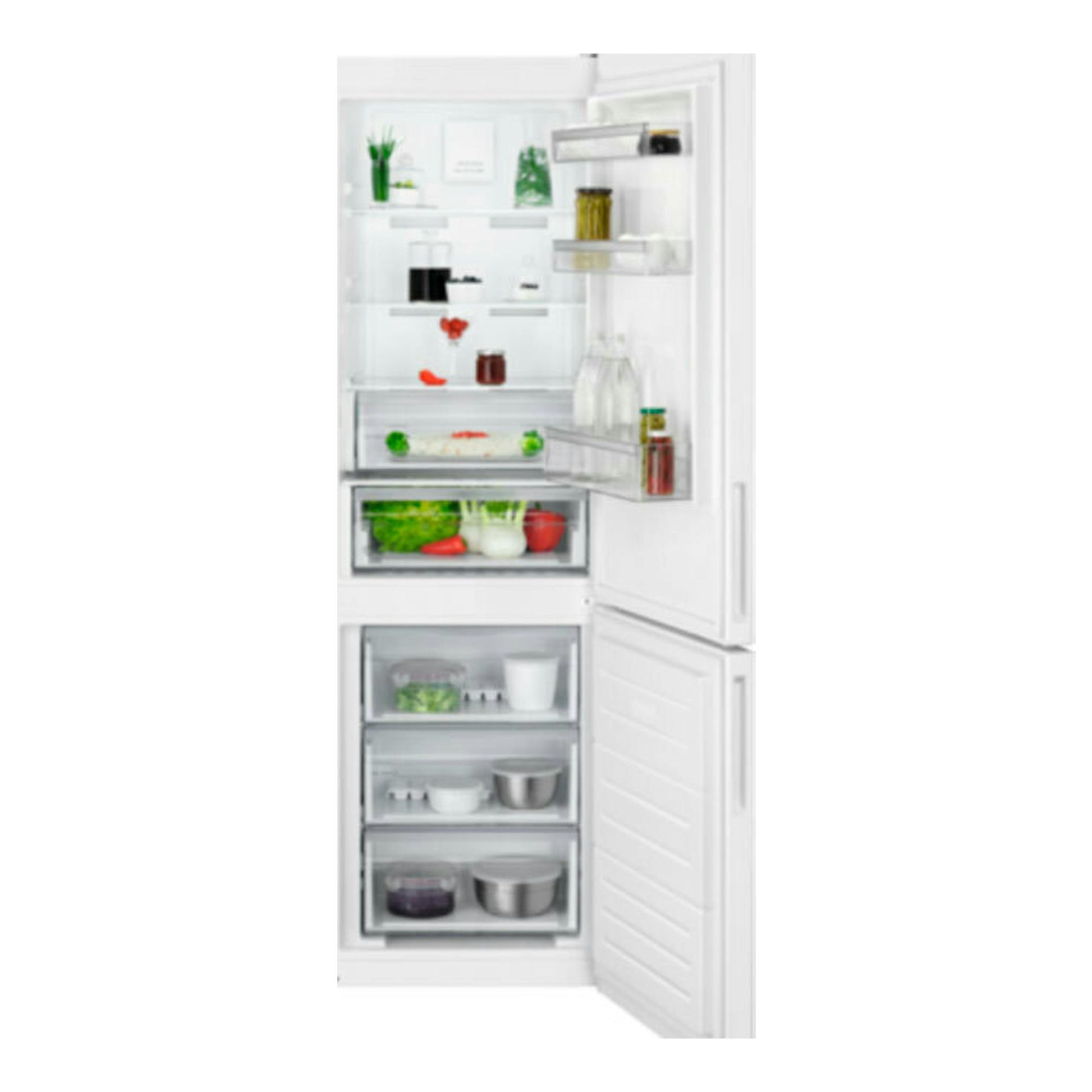 Frigorífico combi AEG RCB632E9MW blanco, vista frontal con puertas abiertas y compartimentos interiores.