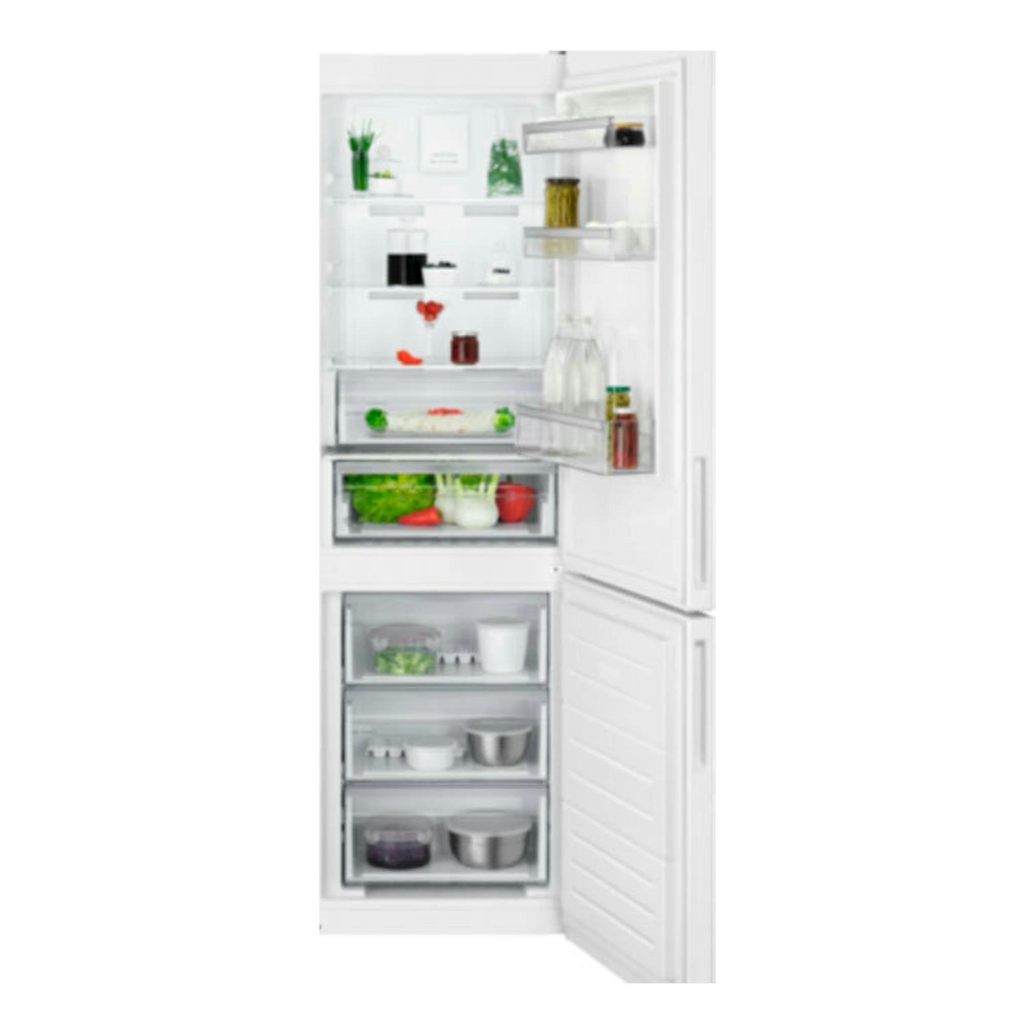 Frigorífico combi AEG RCB632E9MW blanco, vista frontal con puertas abiertas y compartimentos interiores.