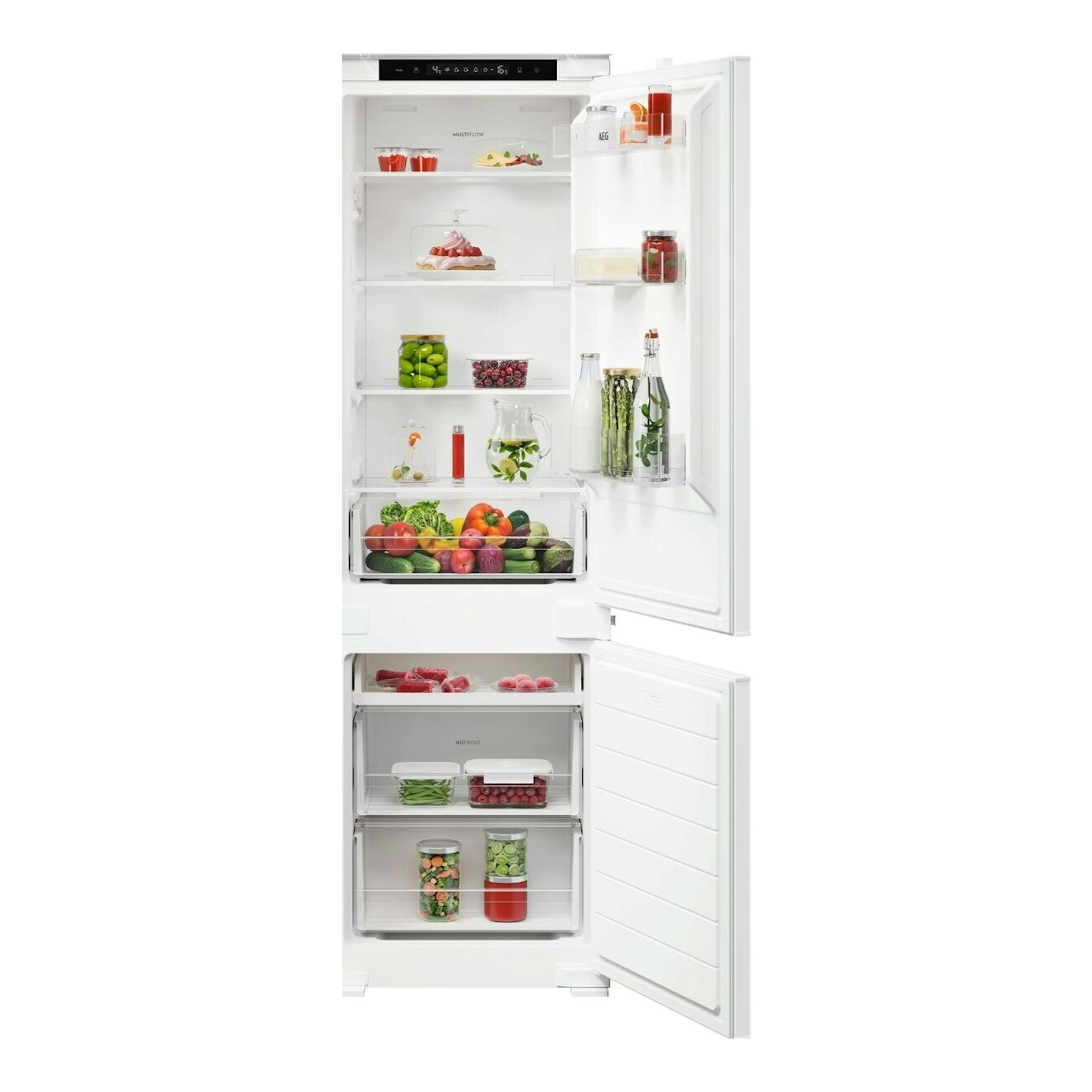 Frigorífico combi integrable AEG TC3NS181ES abierto, interior blanco con estantes y cajones No Frost.