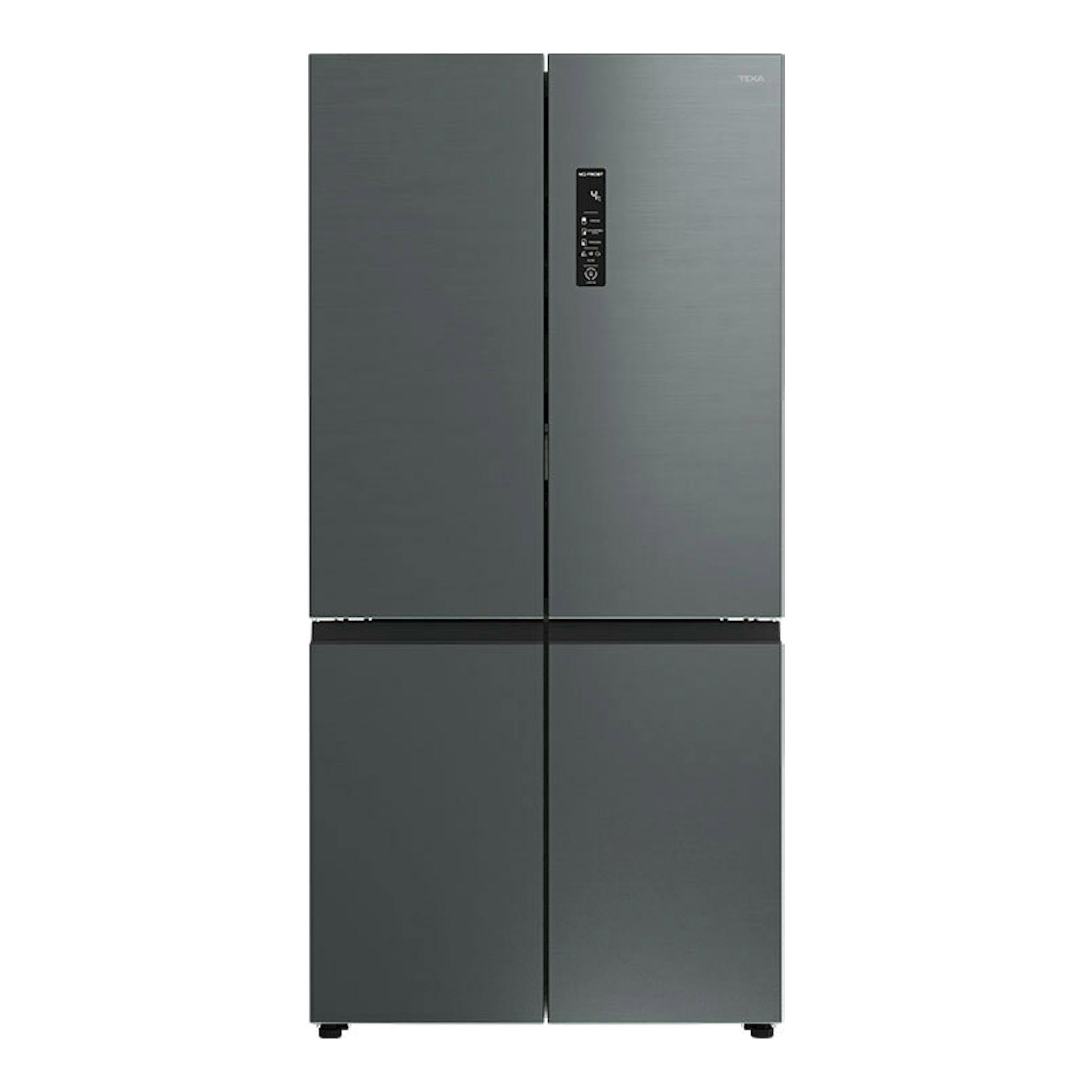 Frigorífico americano Teka RMF77960INOX inox, vista frontal, cuatro puertas y panel de control en la puerta derecha.