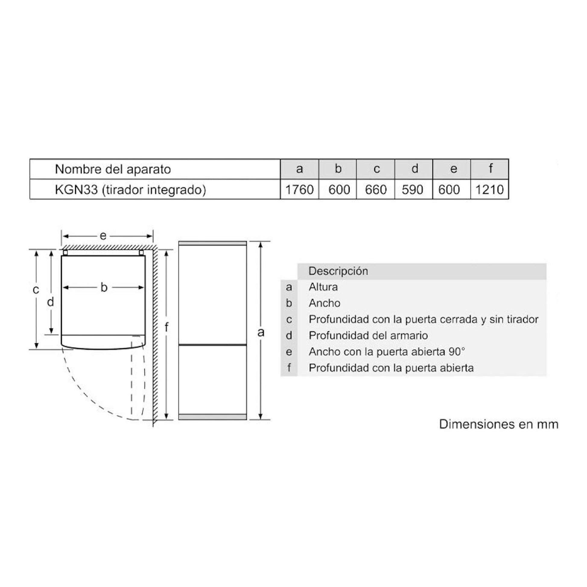 Bosch KGN33NLEB, esquema técnico de dimensiones frontal y lateral de frigorífico combi, medidas en mm.